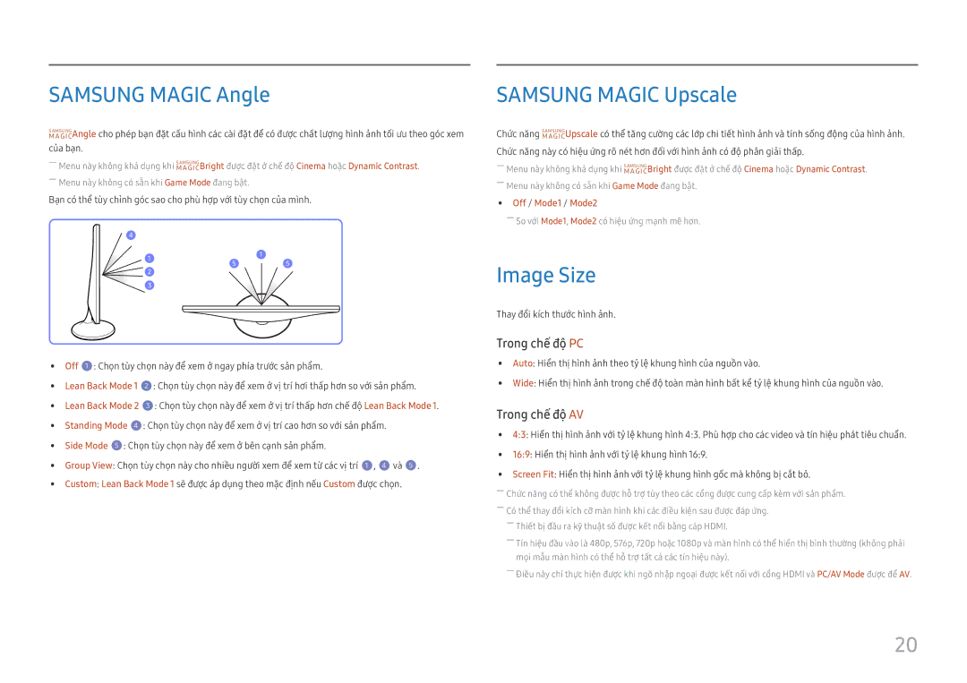 Samsung LS24D330HS/XV manual Samsung Magic Angle, Samsung Magic Upscale, Image Size, Standing Mode, Off / Mode1 / Mode2 