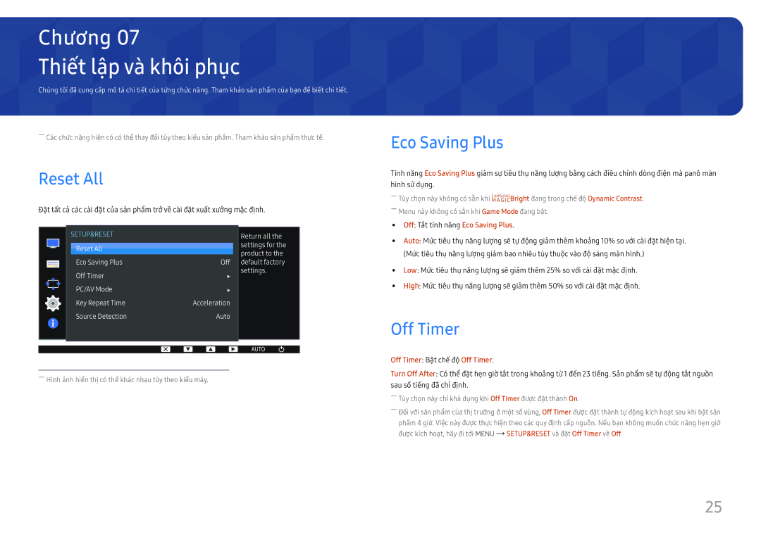 Samsung LS24D330HS/XV manual Thiêt lập và khôi phuc, Reset All, Eco Saving Plus, Off Timer Bậ̣t chế́ độ̣ Off Timer 