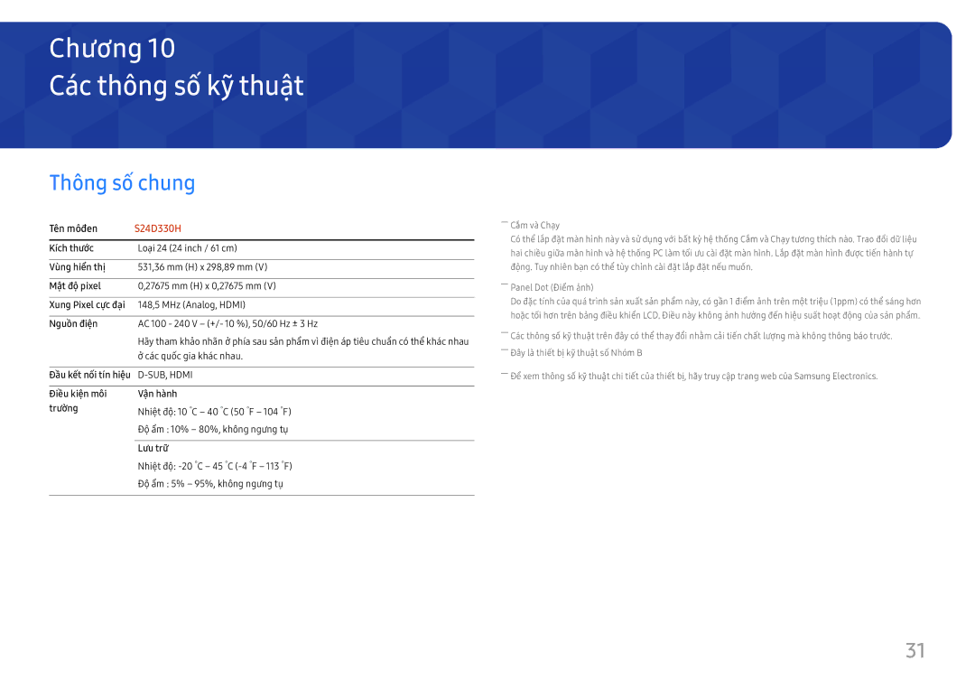 Samsung LS24D330HS/XV manual Cac thông số kỹ thuậ̣t, Thông sô chung 