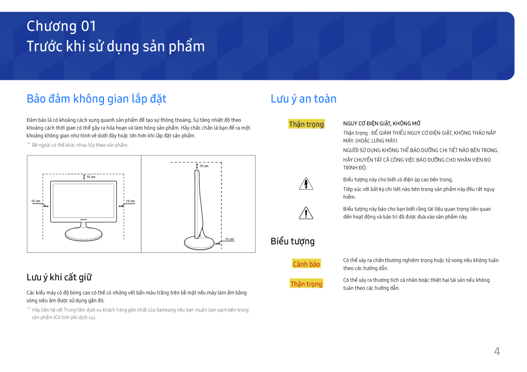 Samsung LS24D330HS/XV manual Trươc khi sư dung san phẩm, Bảo đảm không gian lắp đặt Lưu ý an toàn, Lưu ý khi cất giư 