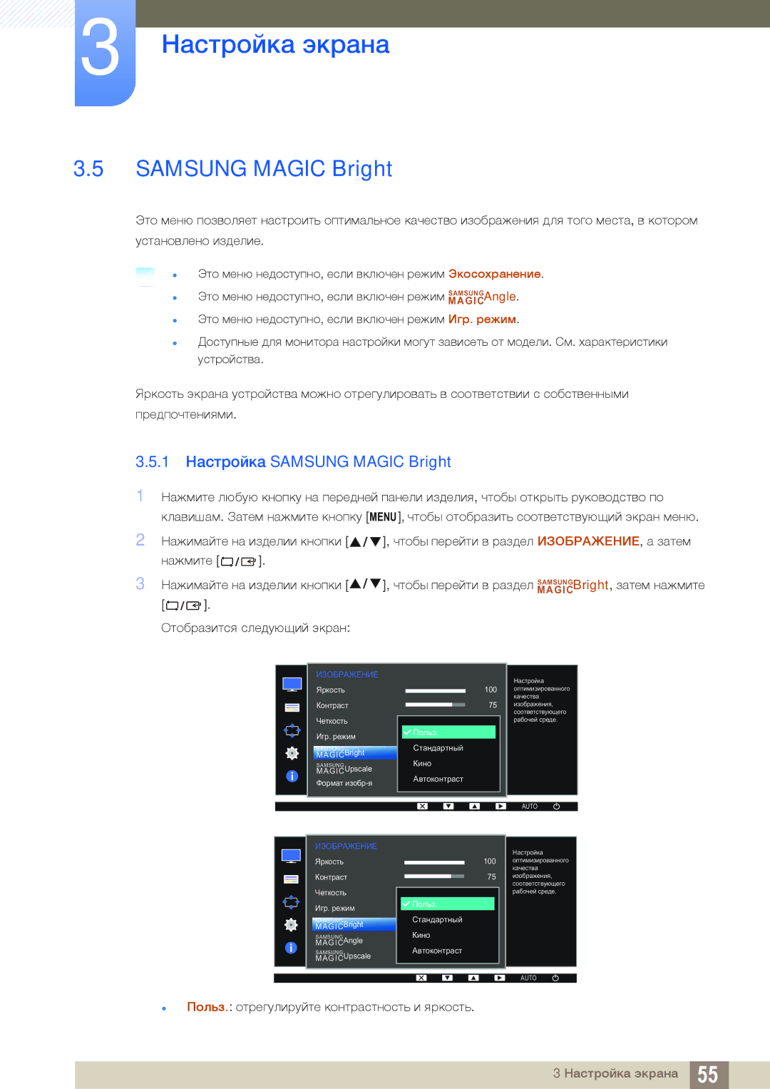 Samsung LS22D300NY/EN, LS24D340HSX/EN, LS24D300HS/EN, LS22D300HY/EN, LS19D300NY/EN manual 1 Настройка Samsung Magic Bright 