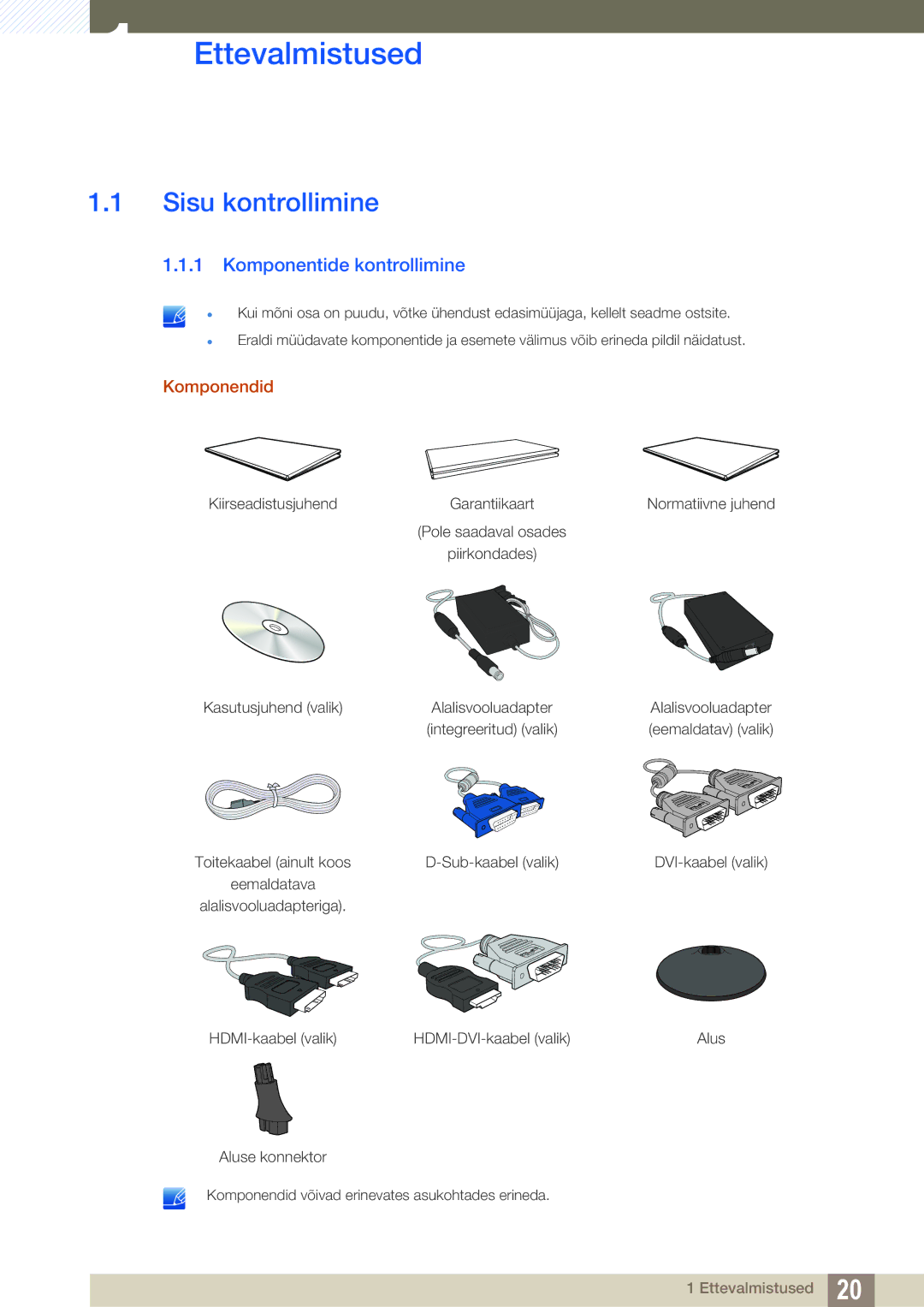 Samsung LS24D340HSX/EN, LS24D300HS/EN manual Ettevalmistused, Sisu kontrollimine, Komponentide kontrollimine, Komponendid 