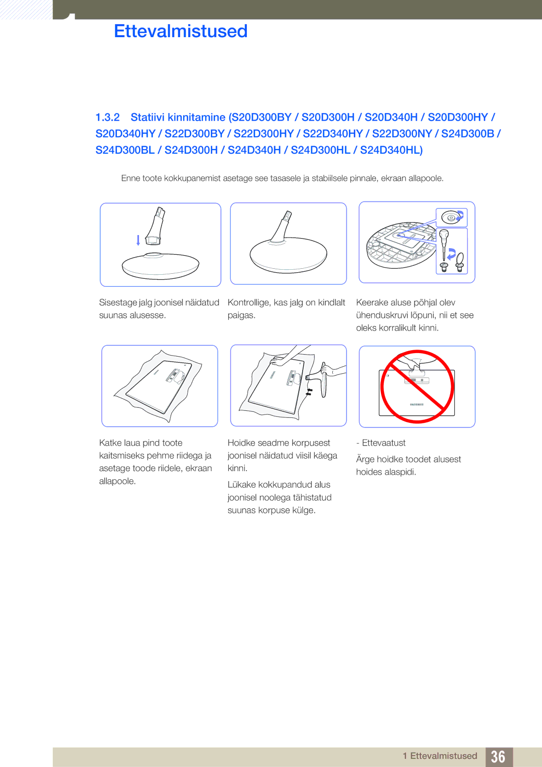 Samsung LS24D300HS/EN, LS24D340HSX/EN, LS22D300HY/EN, LS22D300NY/EN, LS19D300NY/EN manual Ettevalmistused 