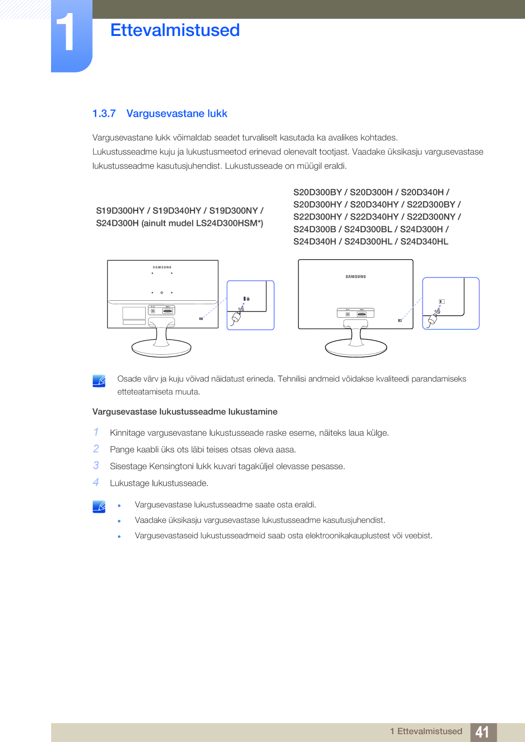 Samsung LS24D300HS/EN, LS24D340HSX/EN, LS22D300HY/EN, LS22D300NY/EN, LS19D300NY/EN manual Vargusevastane lukk 