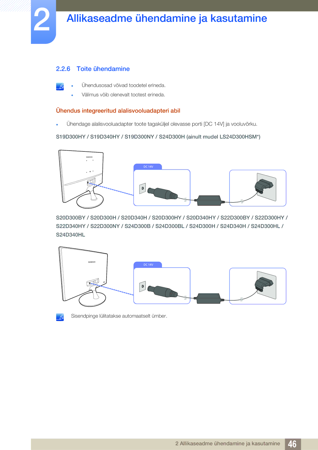 Samsung LS24D300HS/EN, LS24D340HSX/EN, LS22D300HY/EN manual Toite ühendamine, Ühendus integreeritud alalisvooluadapteri abil 