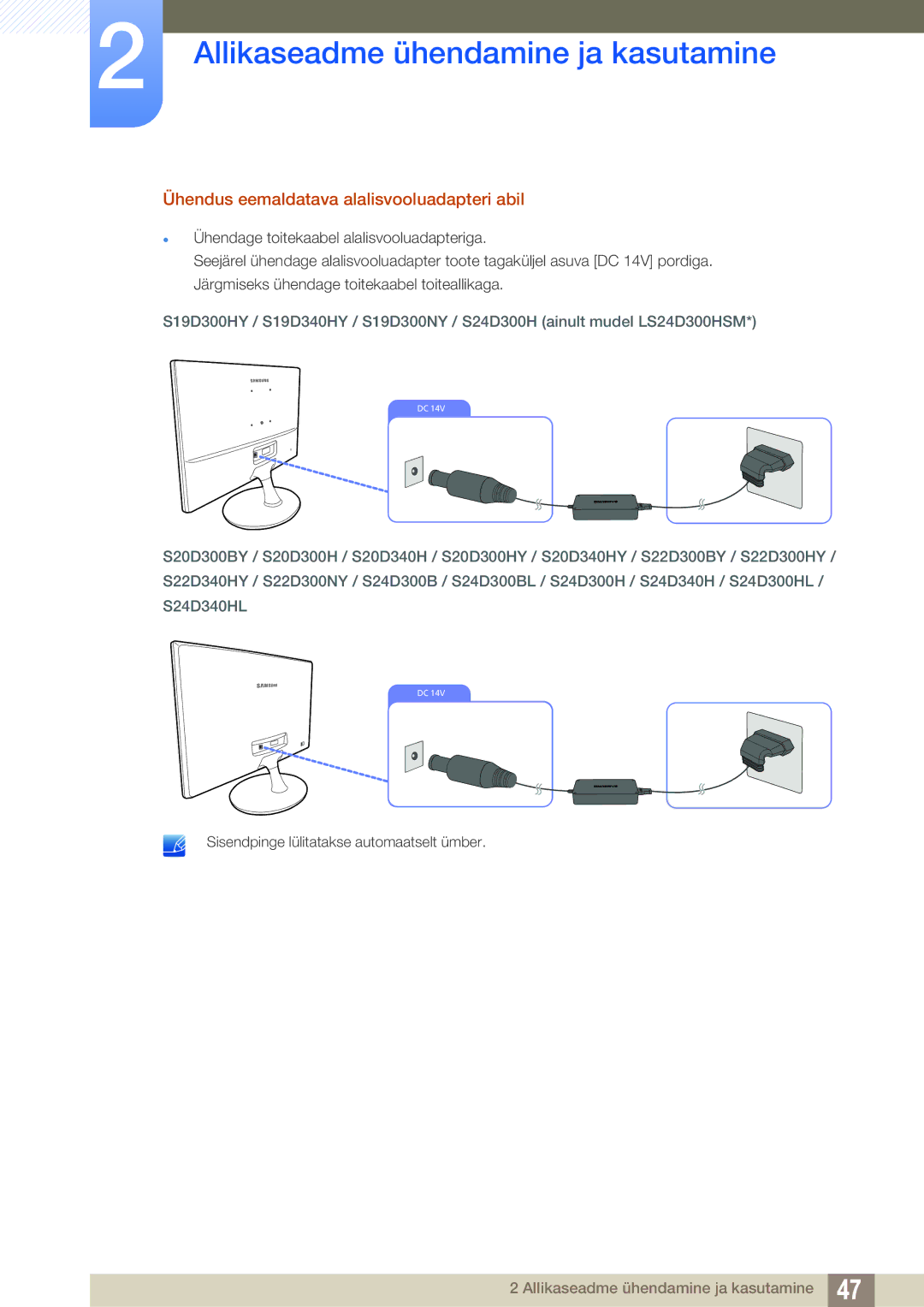 Samsung LS22D300HY/EN, LS24D340HSX/EN, LS24D300HS/EN, LS22D300NY/EN manual Ühendus eemaldatava alalisvooluadapteri abil 