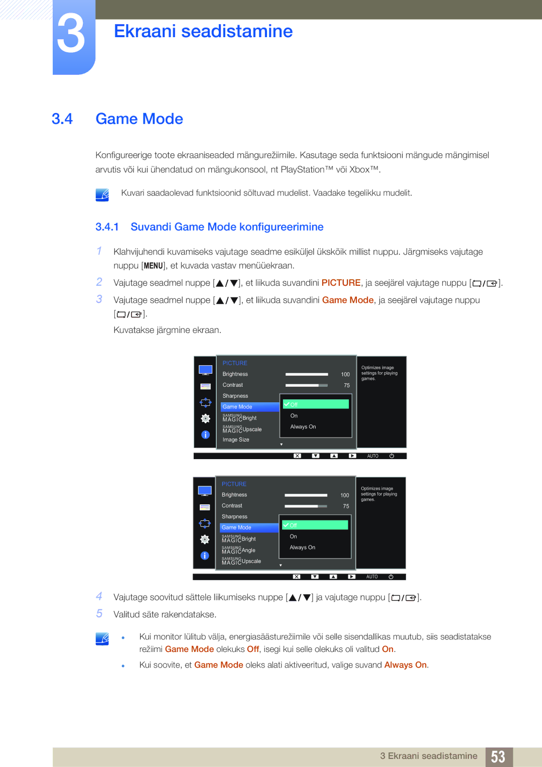 Samsung LS22D300NY/EN, LS24D340HSX/EN, LS24D300HS/EN, LS22D300HY/EN, LS19D300NY/EN Suvandi Game Mode konfigureerimine 