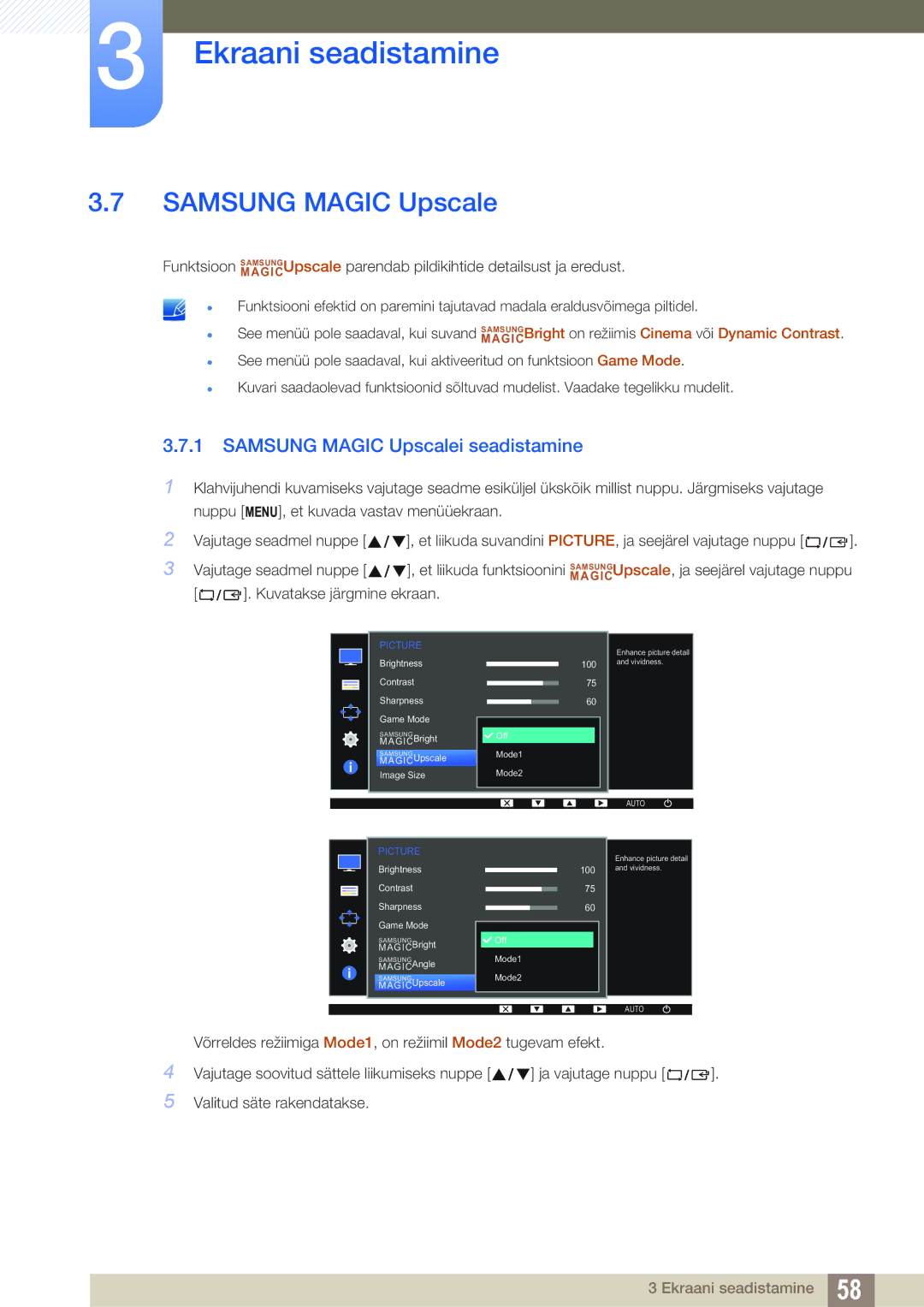 Samsung LS22D300NY/EN, LS24D340HSX/EN, LS24D300HS/EN, LS22D300HY/EN, LS19D300NY/EN Samsung Magic Upscalei seadistamine 