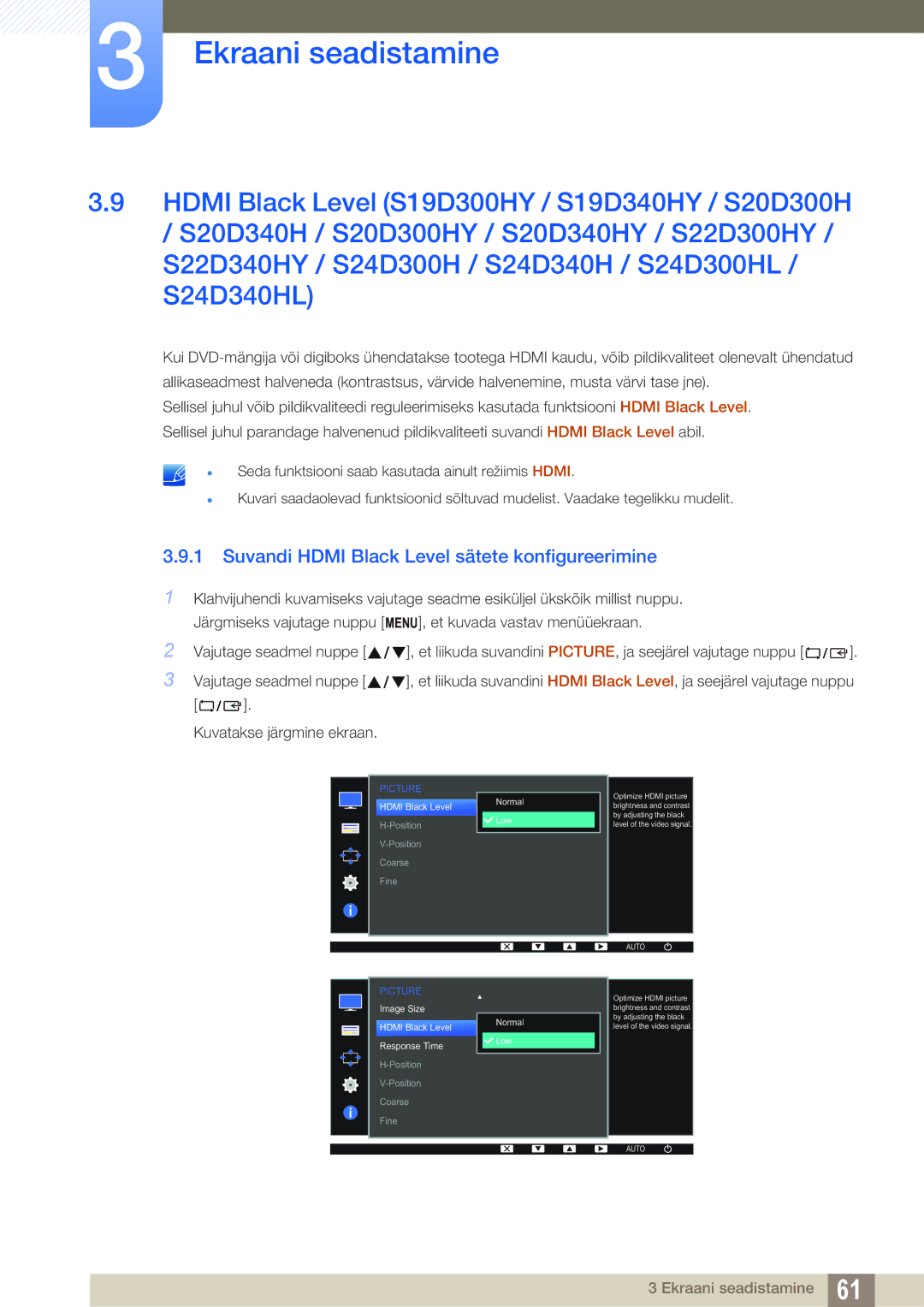 Samsung LS24D300HS/EN, LS24D340HSX/EN, LS22D300HY/EN manual Suvandi Hdmi Black Level sätete konfigureerimine, Normal Low 