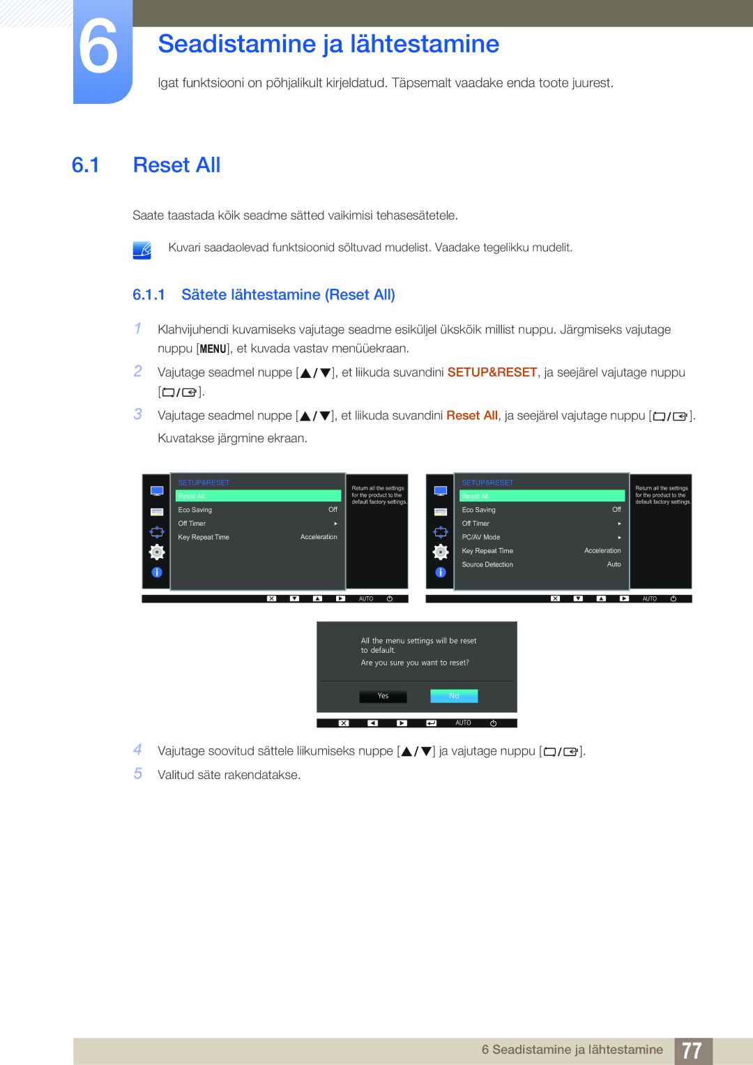 Samsung LS22D300HY/EN, LS24D340HSX/EN, LS24D300HS/EN manual Seadistamine ja lähtestamine, 1 Sätete lähtestamine Reset All 