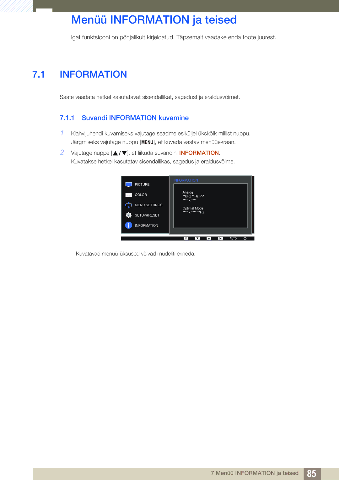 Samsung LS24D340HSX/EN, LS24D300HS/EN, LS22D300HY/EN manual Menüü Information ja teised, Suvandi Information kuvamine 