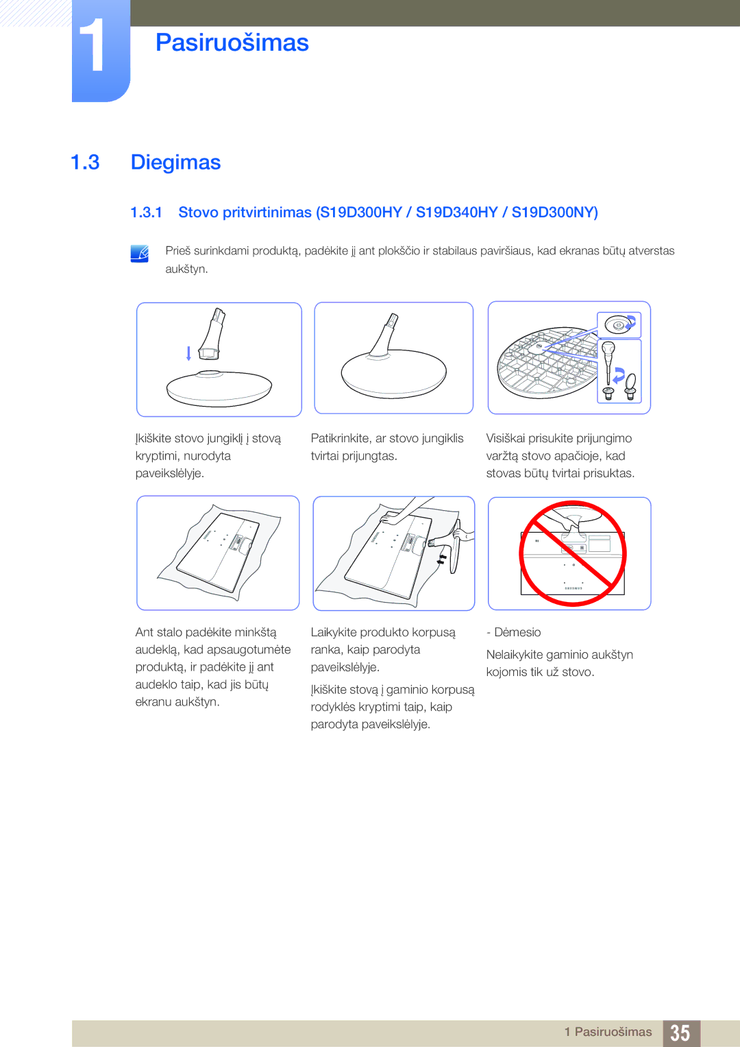 Samsung LS24D340HSX/EN, LS24D300HS/EN, LS22D300HY/EN manual Diegimas, Stovo pritvirtinimas S19D300HY / S19D340HY / S19D300NY 