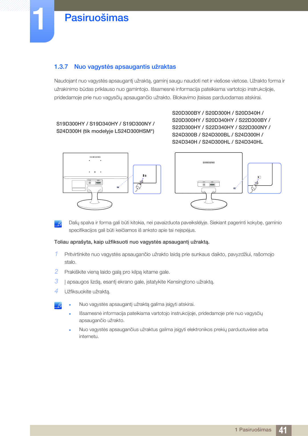 Samsung LS24D300HS/EN, LS24D340HSX/EN, LS22D300HY/EN, LS22D300NY/EN, LS19D300NY/EN manual Nuo vagystės apsaugantis užraktas 