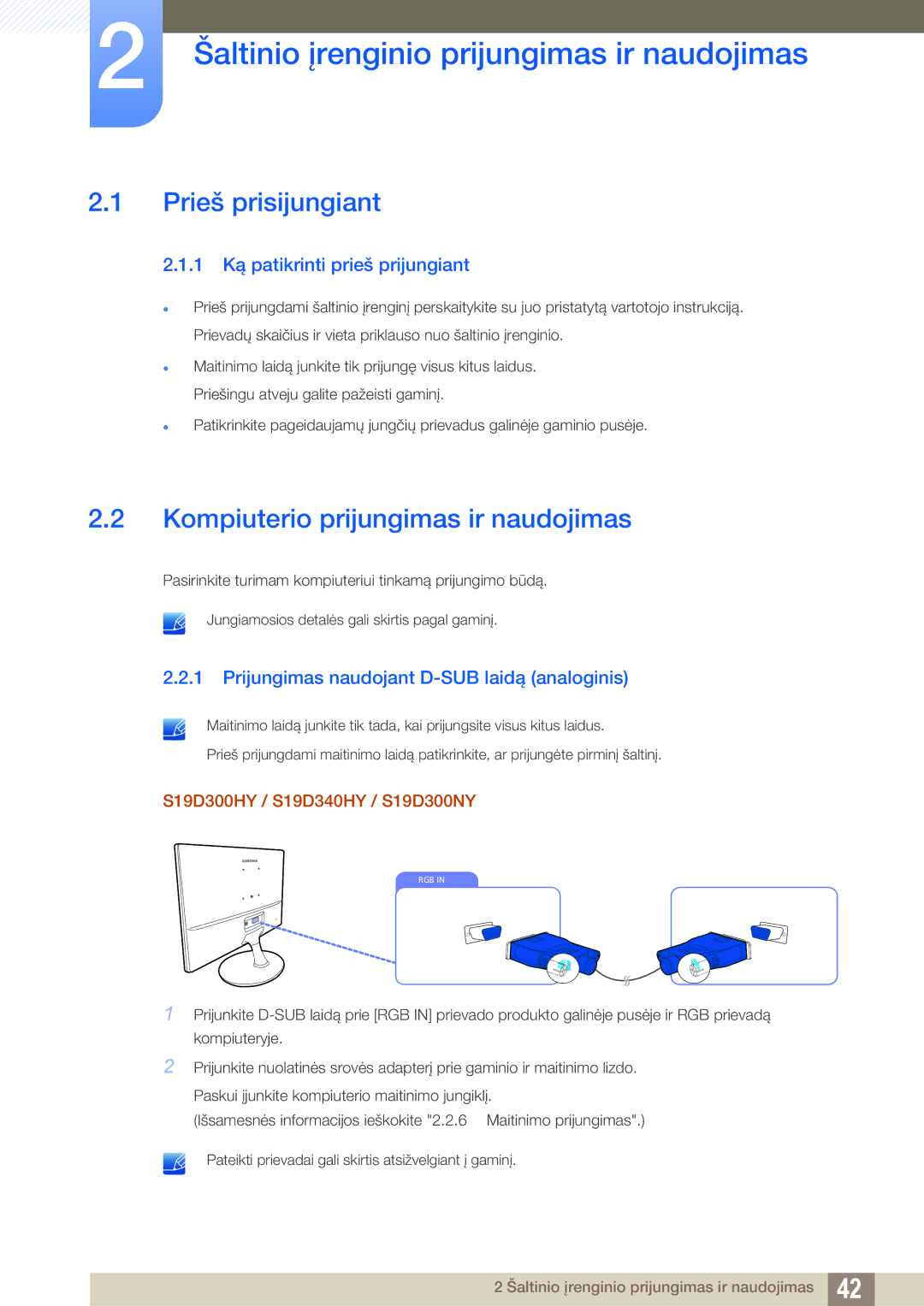 Samsung LS22D300HY/EN Šaltinio įrenginio prijungimas ir naudojimas, Prieš prisijungiant, 1 Ką patikrinti prieš prijungiant 