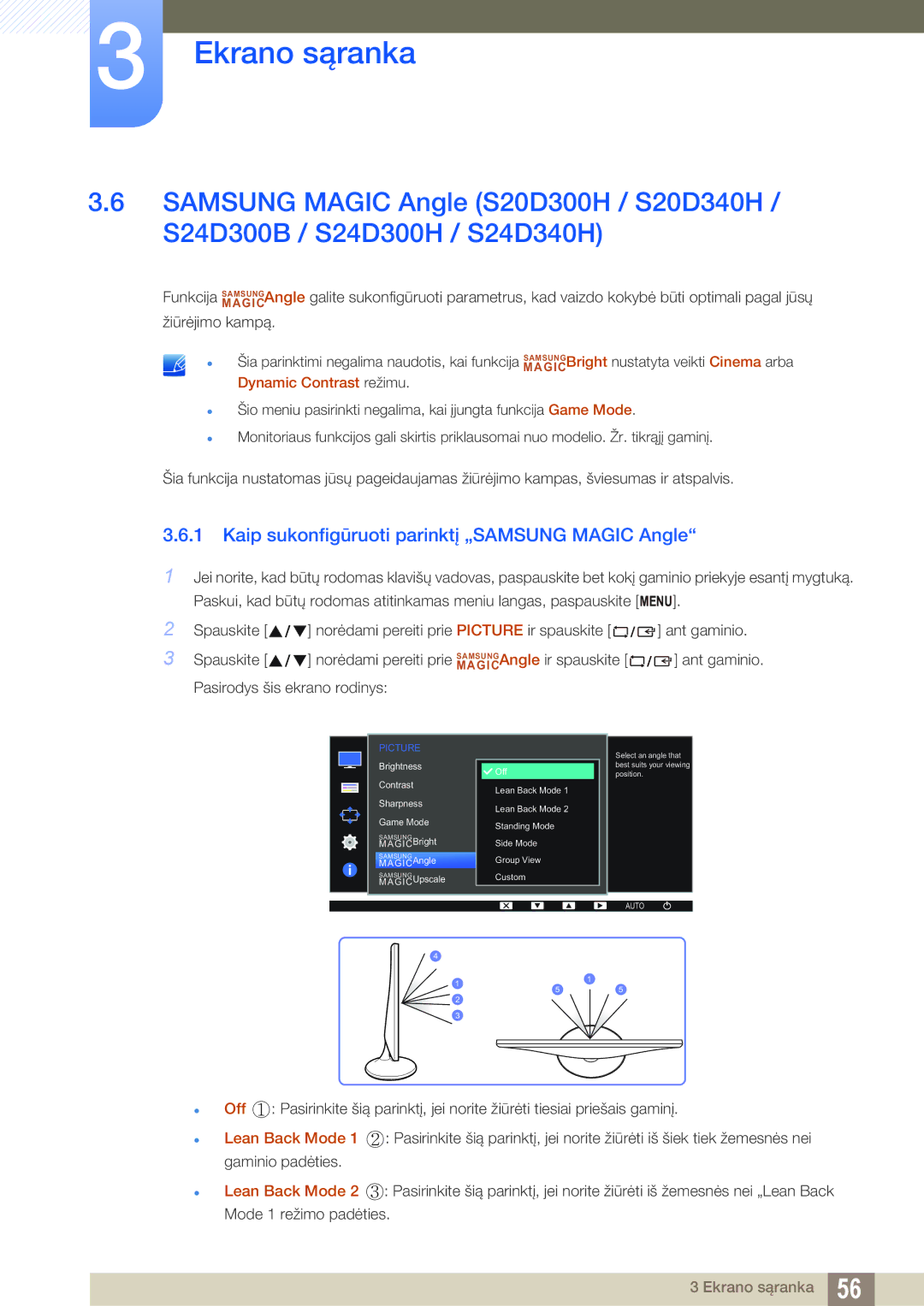 Samsung LS24D300HS/EN, LS24D340HSX/EN, LS22D300HY/EN, LS22D300NY/EN manual Kaip sukonfigūruoti parinktį „SAMSUNG Magic Angle 