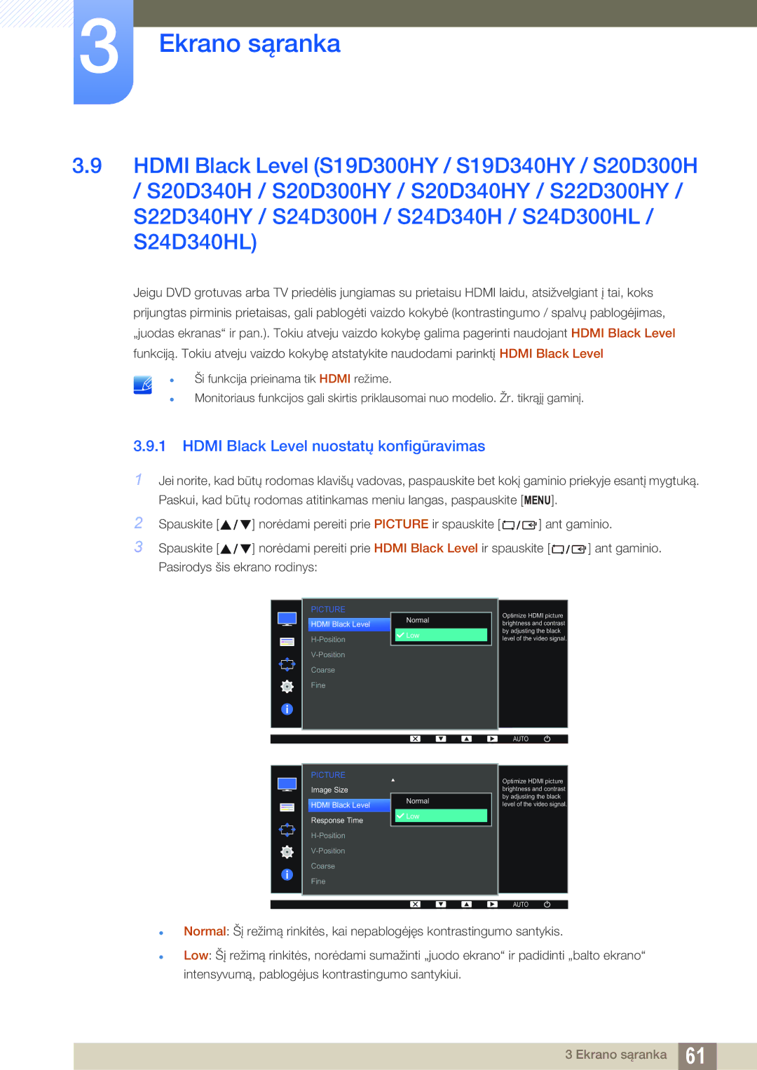 Samsung LS24D300HS/EN, LS24D340HSX/EN, LS22D300HY/EN, LS22D300NY/EN Hdmi Black Level nuostatų konfigūravimas, Normal Low 