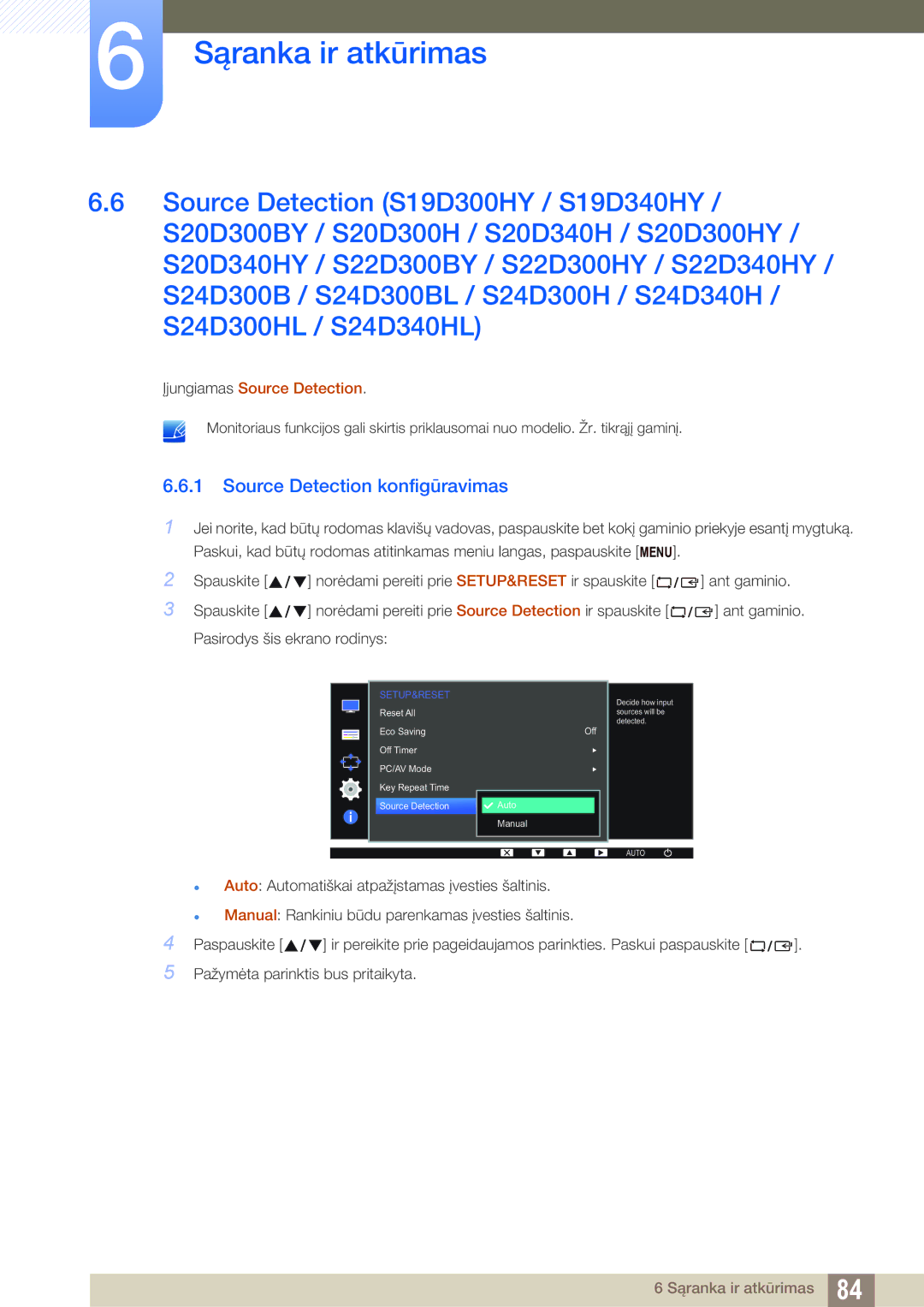 Samsung LS19D300NY/EN, LS24D340HSX/EN, LS24D300HS/EN, LS22D300HY/EN, LS22D300NY/EN manual Source Detection konfigūravimas 