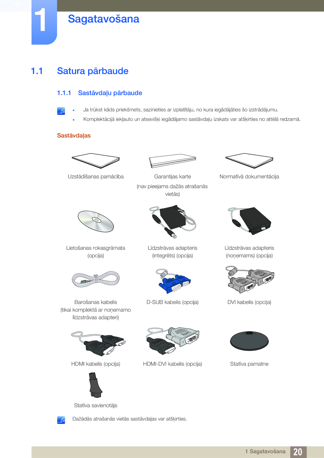 Samsung LS24D340HSX/EN, LS24D300HS/EN, LS22D300HY/EN manual Sagatavošana, Satura pārbaude, Sastāvdaļu pārbaude, Sastāvdaļas 