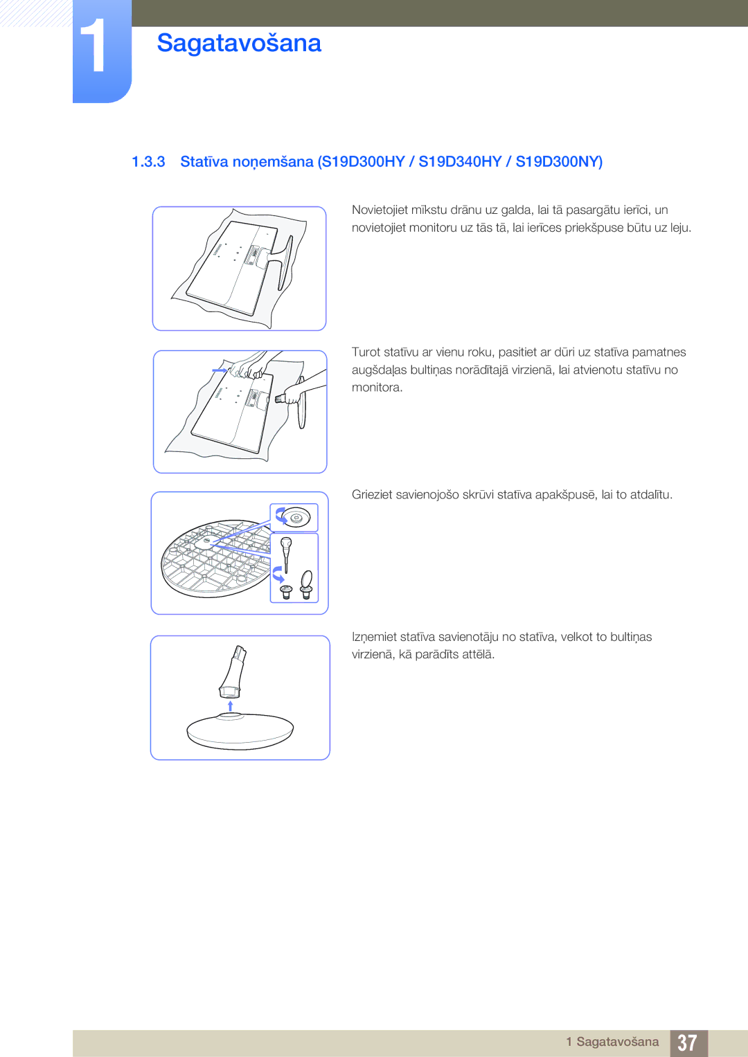 Samsung LS22D300HY/EN, LS24D340HSX/EN, LS24D300HS/EN, LS22D300NY/EN manual Statīva noņemšana S19D300HY / S19D340HY / S19D300NY 