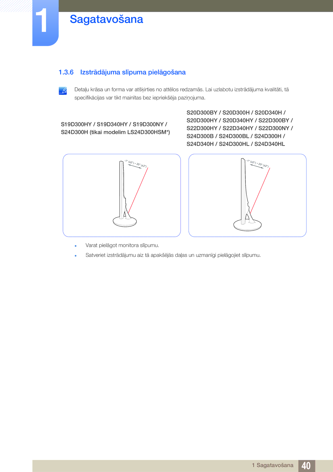 Samsung LS24D340HSX/EN, LS24D300HS/EN, LS22D300HY/EN, LS22D300NY/EN, LS19D300NY/EN manual Izstrādājuma slīpuma pielāgošana 