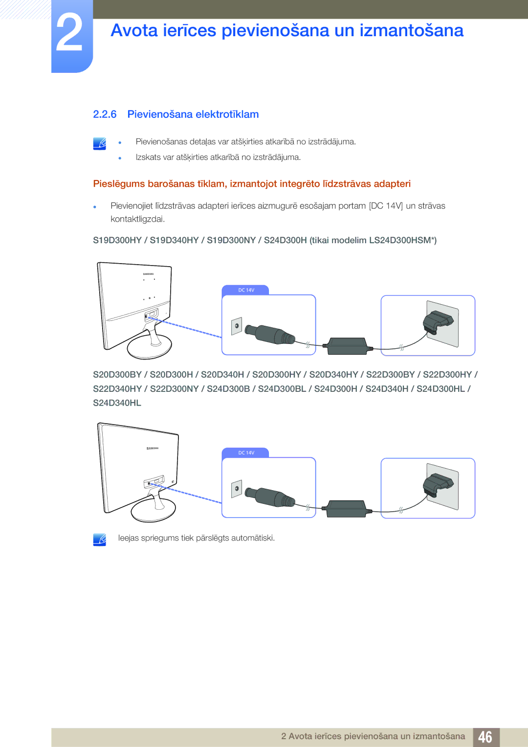 Samsung LS24D300HS/EN, LS24D340HSX/EN, LS22D300HY/EN, LS22D300NY/EN, LS19D300NY/EN manual Pievienošana elektrotīklam 