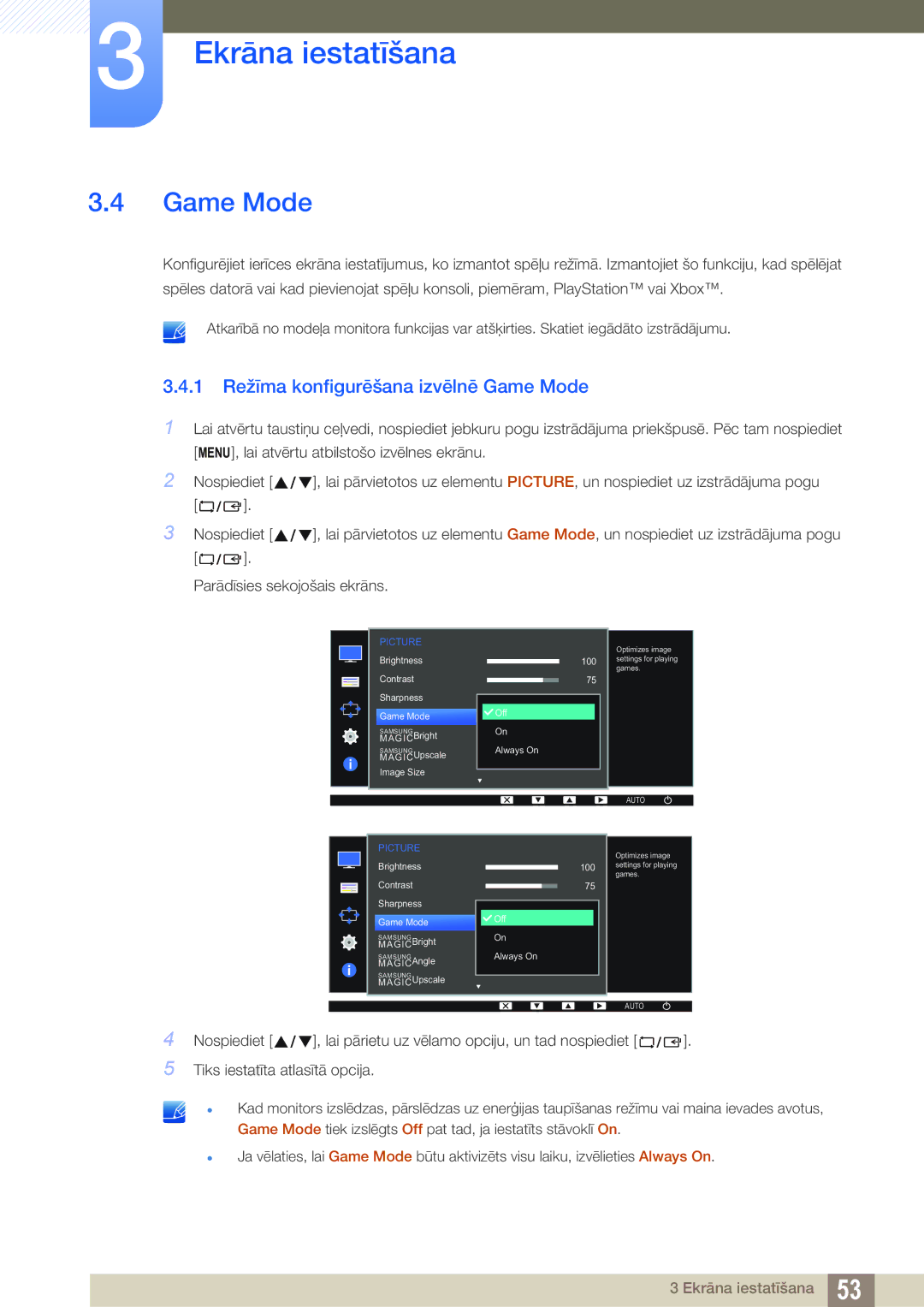 Samsung LS22D300NY/EN, LS24D340HSX/EN, LS24D300HS/EN, LS22D300HY/EN manual 1 Režīma konfigurēšana izvēlnē Game Mode 