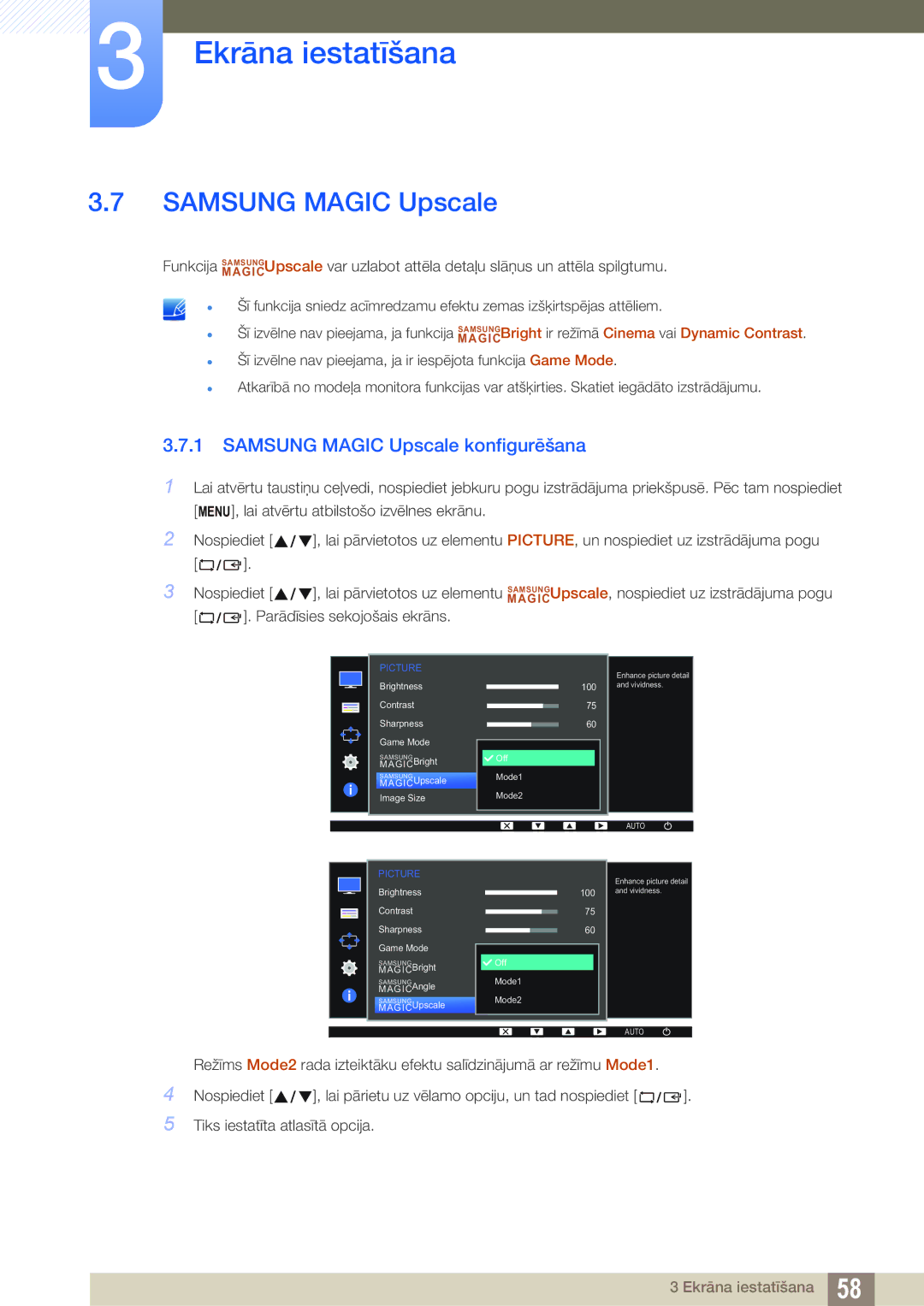 Samsung LS22D300NY/EN, LS24D340HSX/EN, LS24D300HS/EN, LS22D300HY/EN, LS19D300NY/EN Samsung Magic Upscale konfigurēšana 