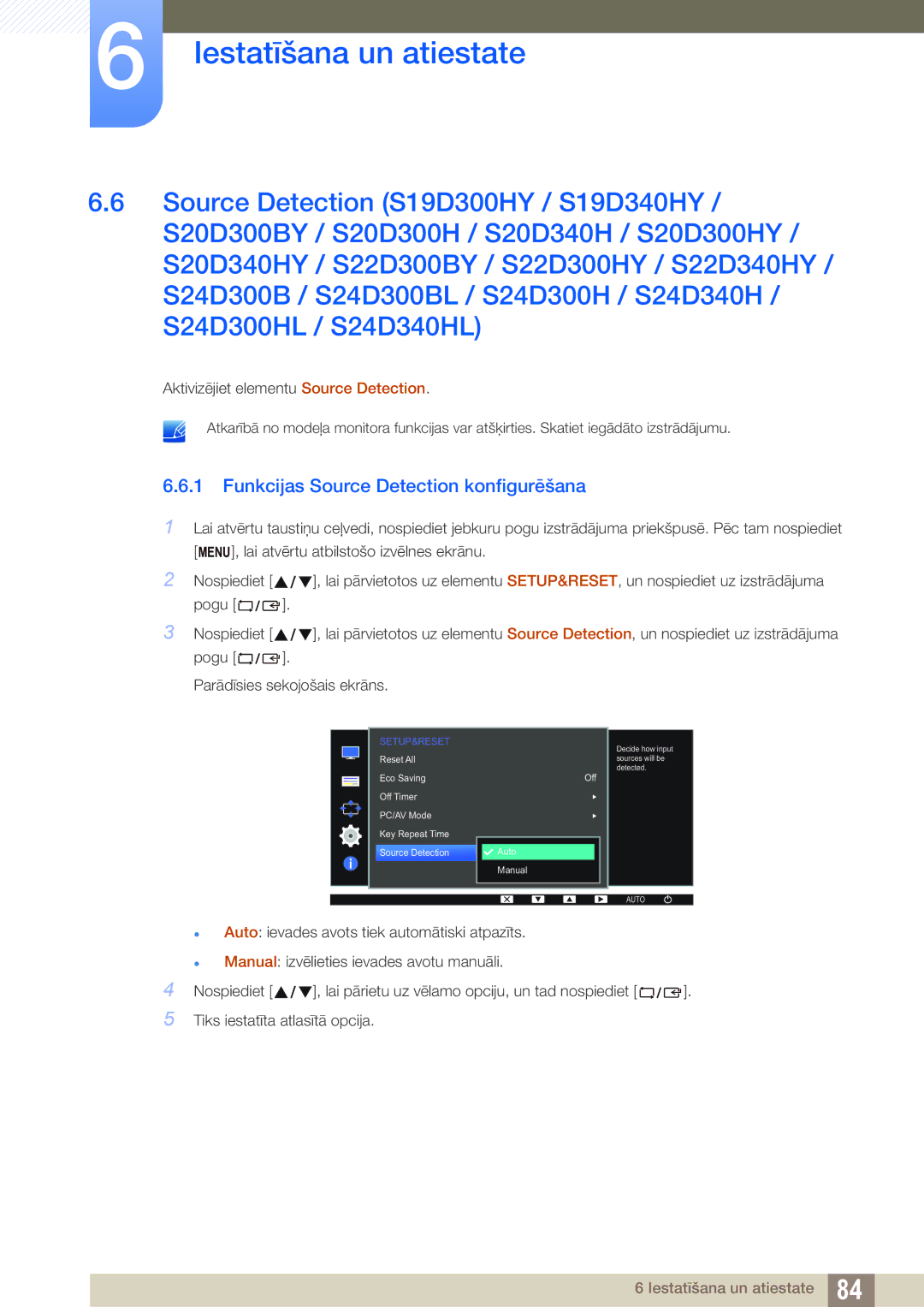 Samsung LS19D300NY/EN, LS24D340HSX/EN, LS24D300HS/EN, LS22D300HY/EN, LS22D300NY/EN Funkcijas Source Detection konfigurēšana 