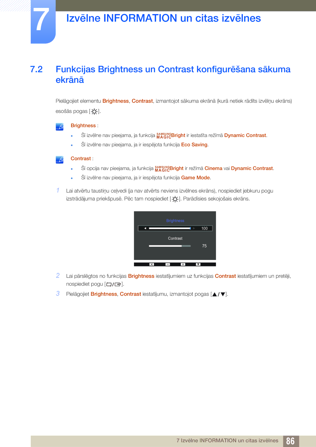 Samsung LS24D300HS/EN, LS24D340HSX/EN, LS22D300HY/EN manual Funkcijas Brightness un Contrast konfigurēšana sākuma ekrānā 