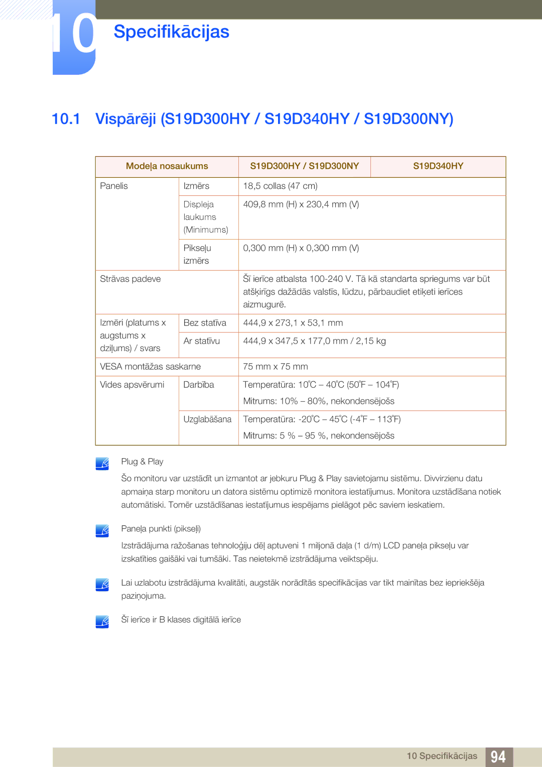 Samsung LS19D300NY/EN, LS24D340HSX/EN, LS24D300HS/EN manual Specifikācijas, Vispārēji S19D300HY / S19D340HY / S19D300NY 