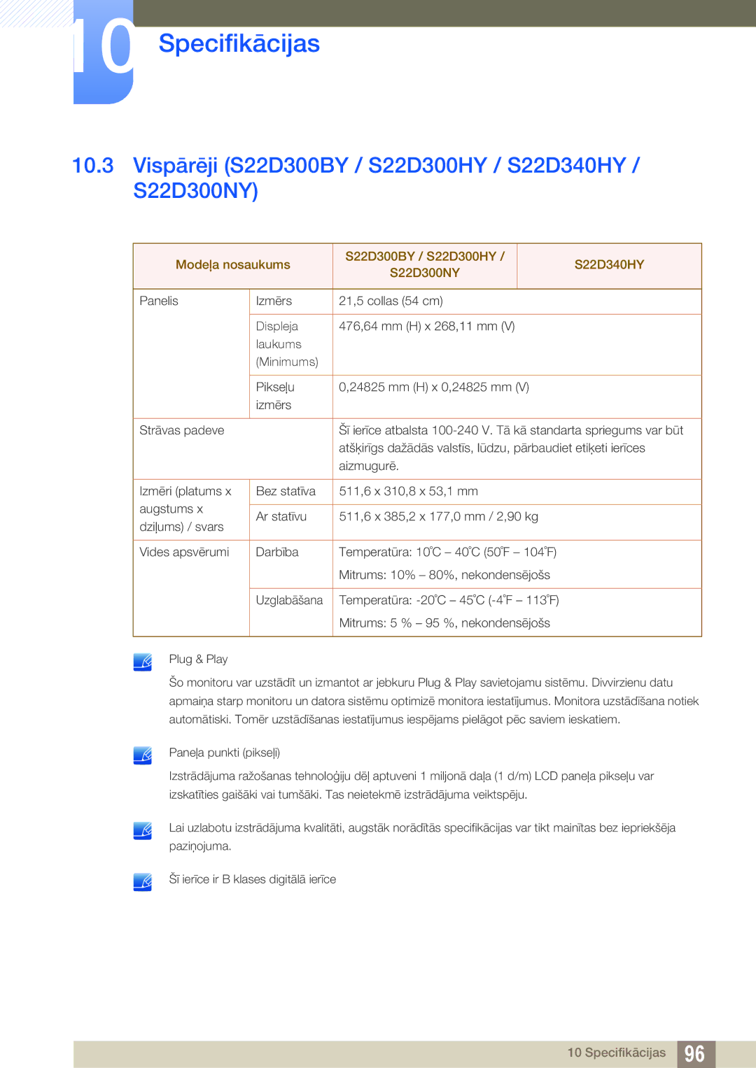 Samsung LS24D300HS/EN, LS24D340HSX/EN, LS22D300HY/EN, LS22D300NY/EN Vispārēji S22D300BY / S22D300HY / S22D340HY / S22D300NY 