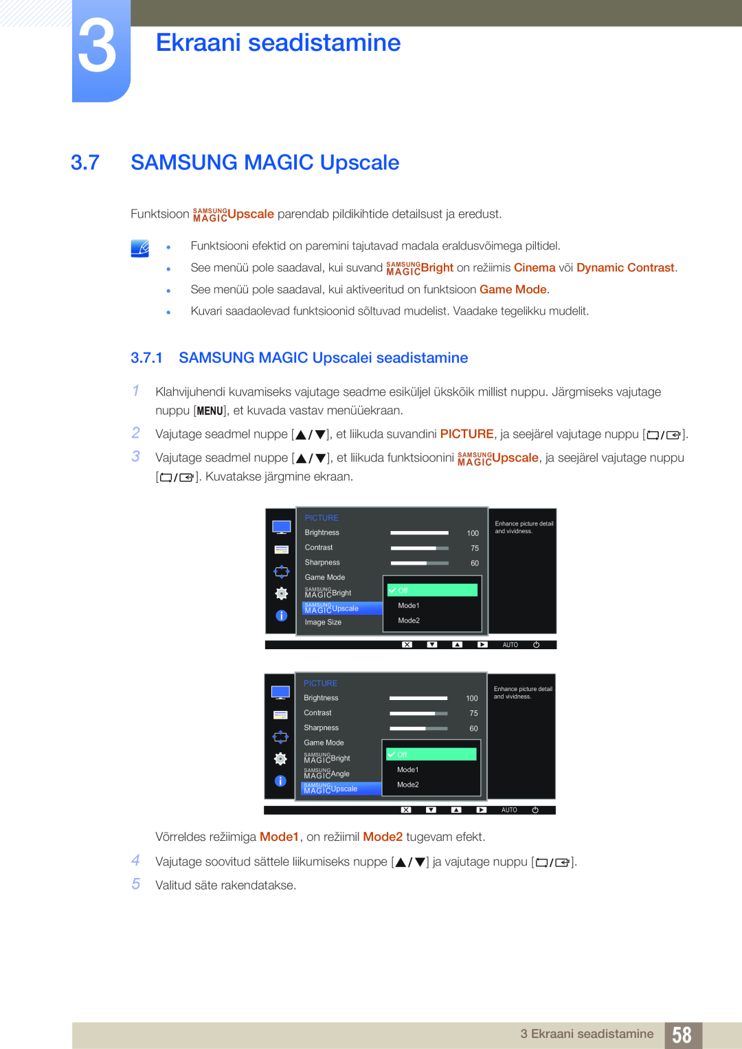 Samsung LS22D300NY/EN, LS24D340HSX/EN, LS24D300HS/EN manual SAMSUNG MAGIC Upscalei seadistamine, Ekraani seadistamine 