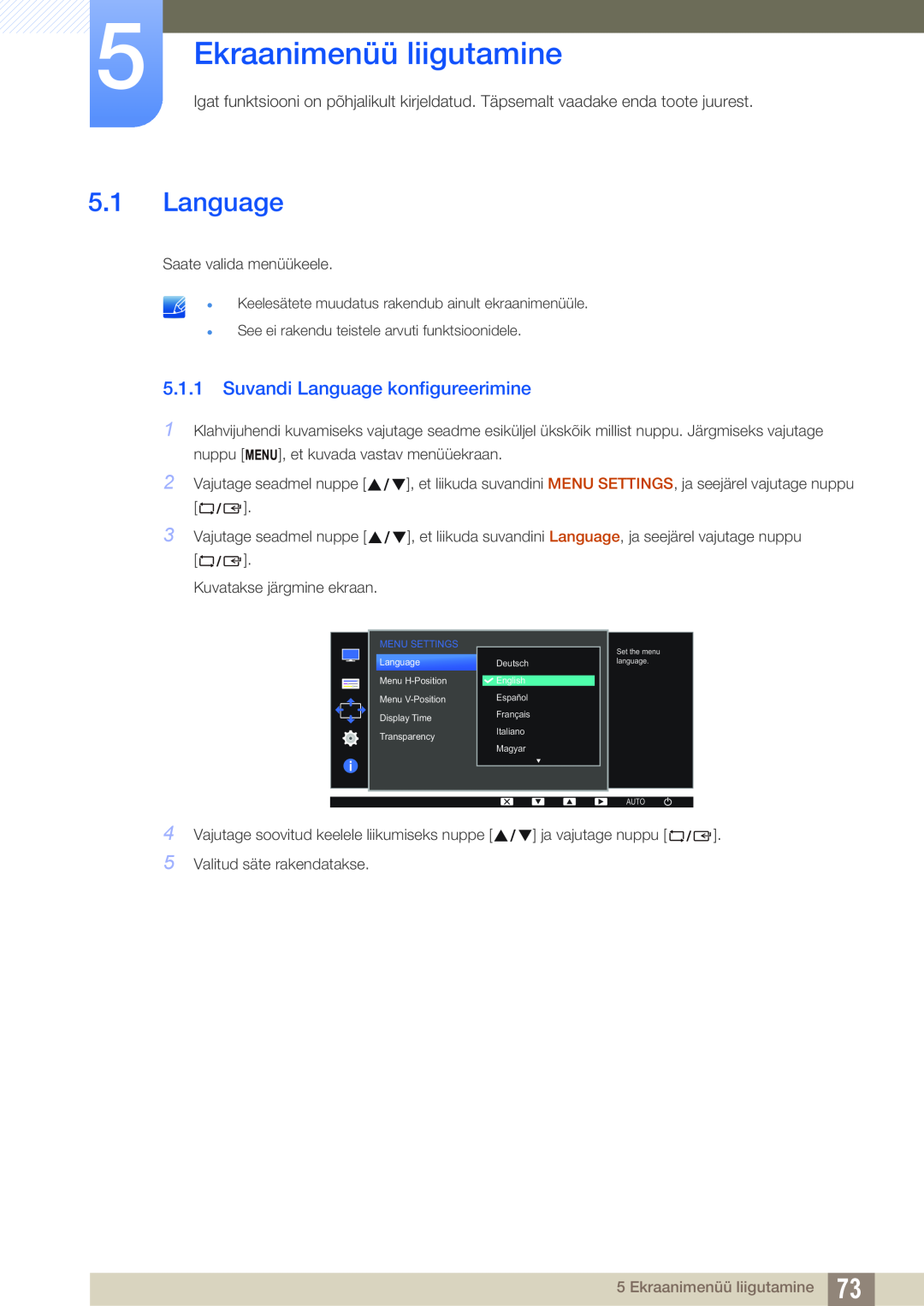 Samsung LS22D300NY/EN, LS24D340HSX/EN, LS24D300HS/EN manual Ekraanimenüü liigutamine, Suvandi Language konfigureerimine 