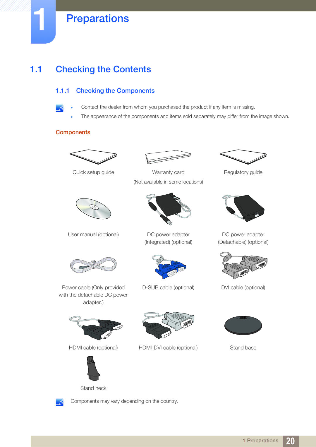 Samsung LS22D300HY/UE, LS24D340HSX/EN, LS24D300HS/EN, LS24D300HL/EN, LS22D300HY/EN manual Preparations, Checking the Contents 