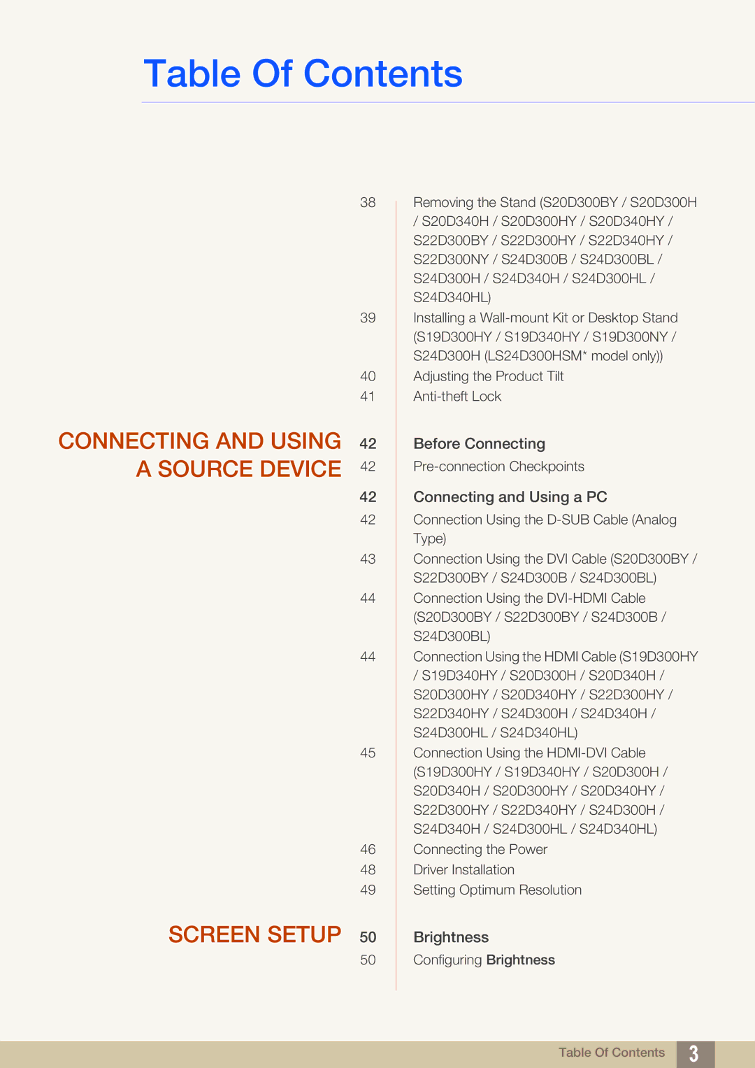 Samsung LS22D300HY/EN, LS24D340HSX/EN, LS24D300HS/EN, LS24D300HL/EN Connecting and Using 42 a Source Device Screen Setup 