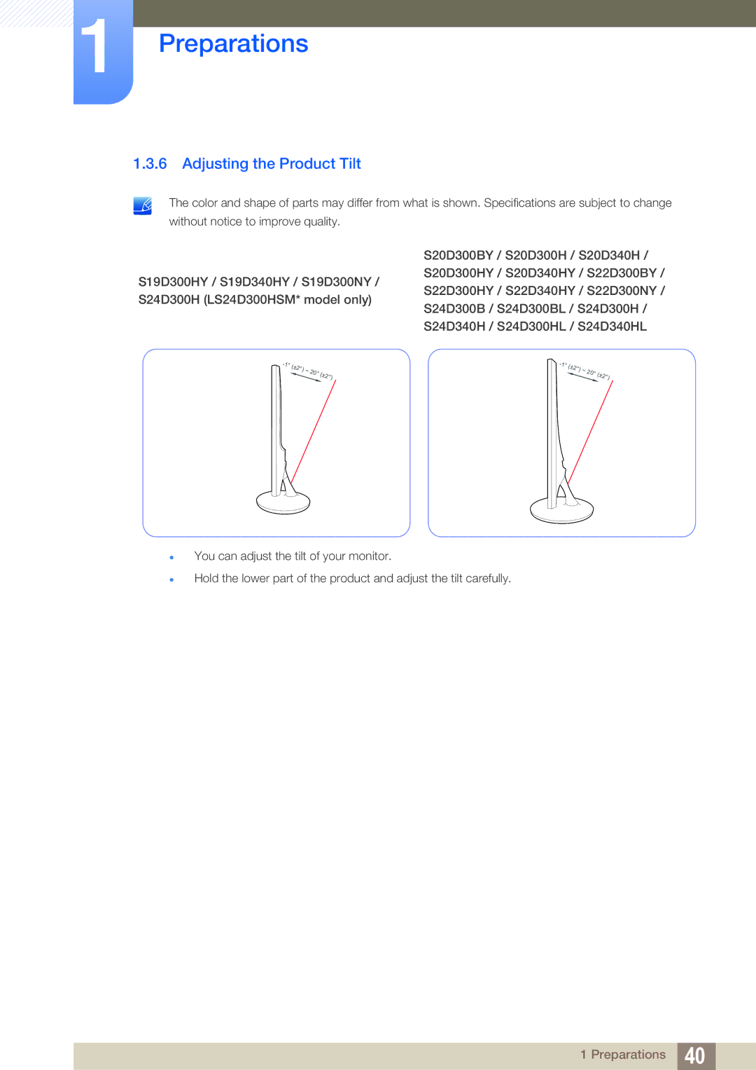 Samsung LS24D300HL/RU, LS24D340HSX/EN, LS24D300HS/EN, LS24D300HL/EN, LS22D300HY/EN, LS22D300NY/EN Adjusting the Product Tilt 