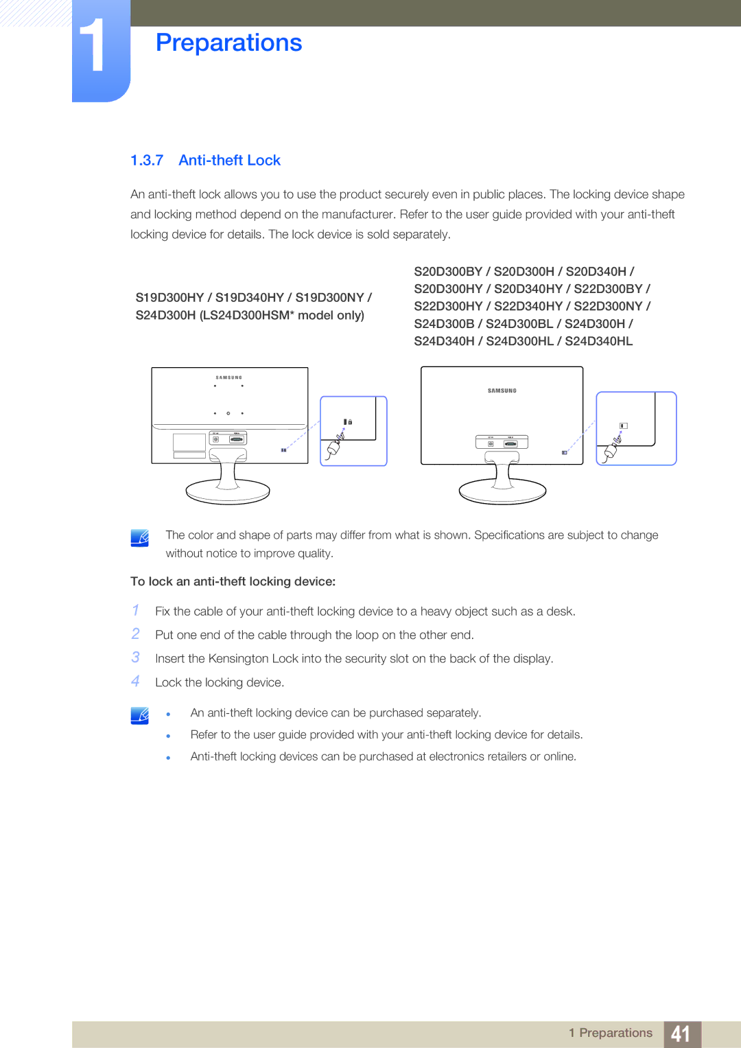 Samsung LS22D300BY/CH, LS24D340HSX/EN, LS24D300HS/EN, LS24D300HL/EN, LS22D300HY/EN, LS22D300NY/EN manual Anti-theft Lock 