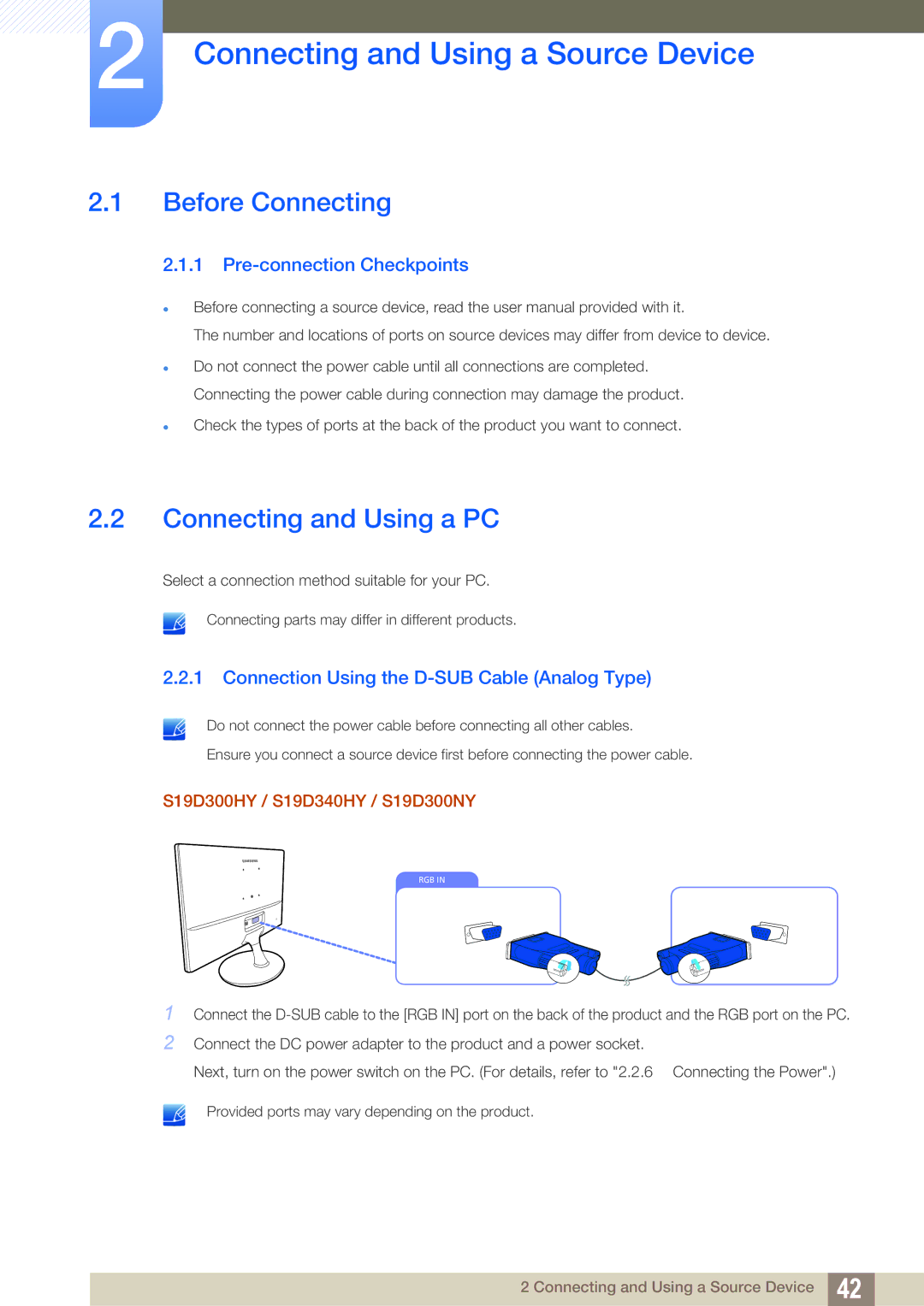 Samsung LS22D300HY/CH, LS24D340HSX/EN Connecting and Using a Source Device, Before Connecting, Connecting and Using a PC 