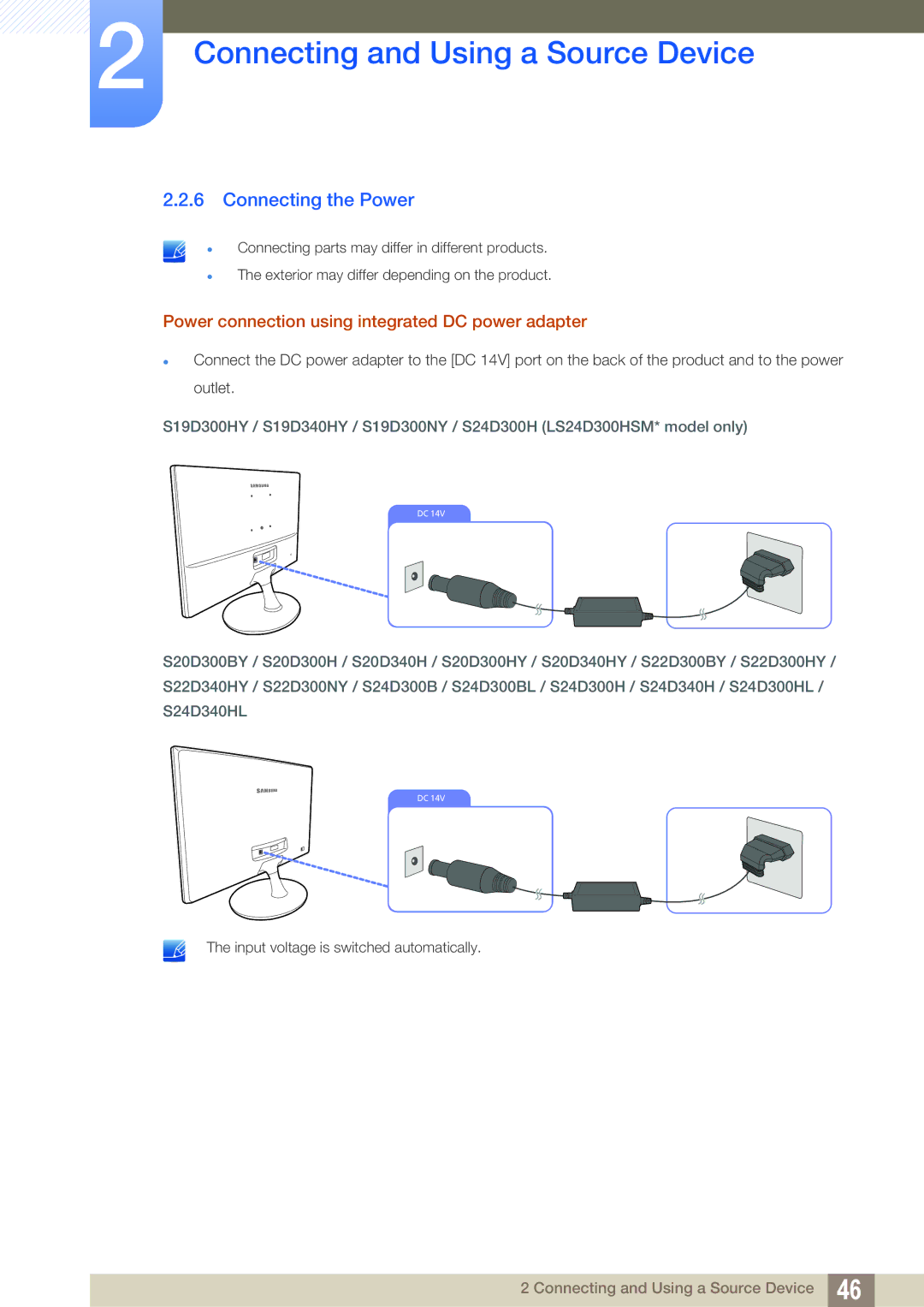 Samsung LS24D300BL/CH, LS24D340HSX/EN manual Connecting the Power, Power connection using integrated DC power adapter 