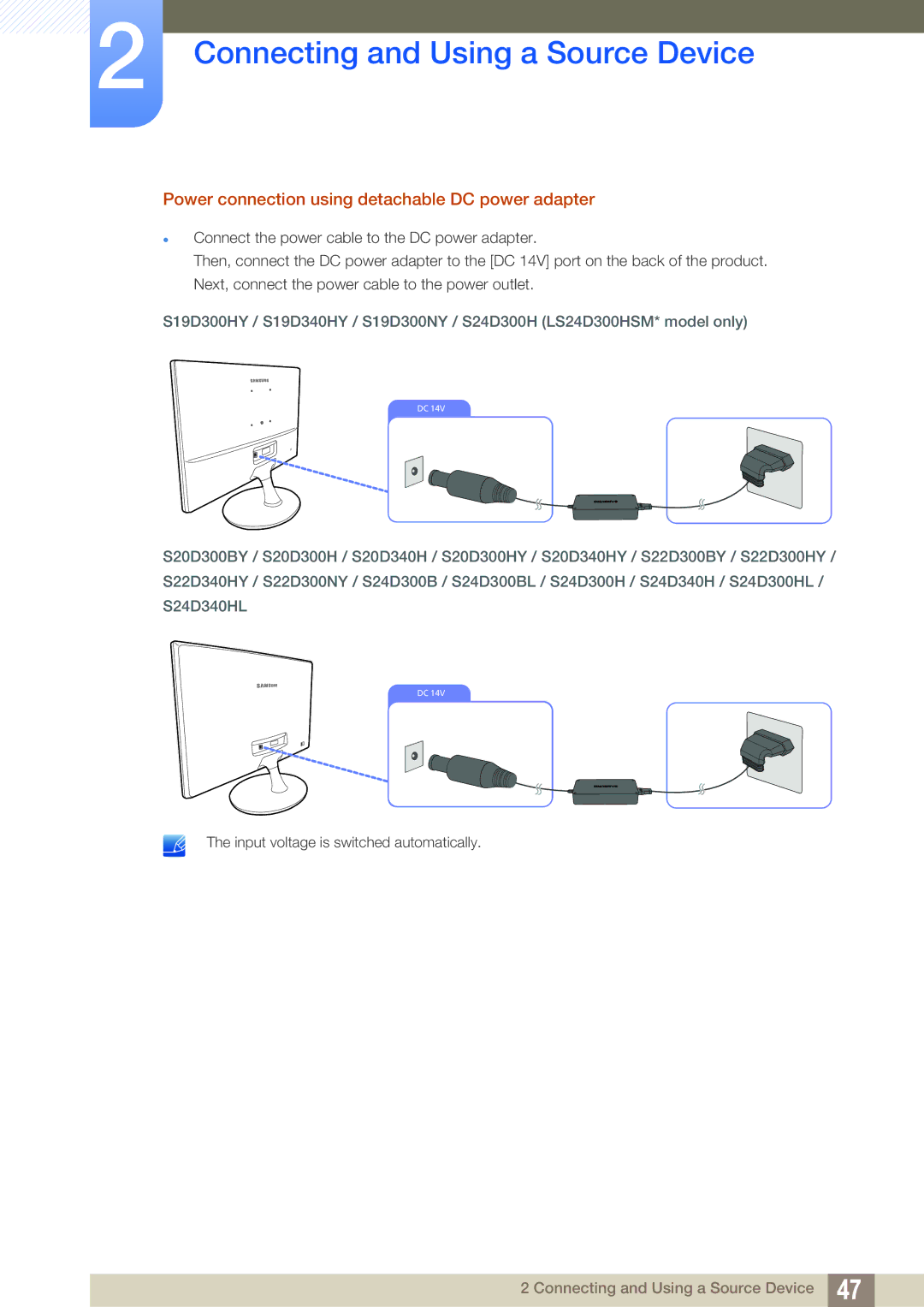 Samsung LS24D300HL/CH, LS24D340HSX/EN, LS24D300HS/EN, LS24D300HL/EN manual Power connection using detachable DC power adapter 