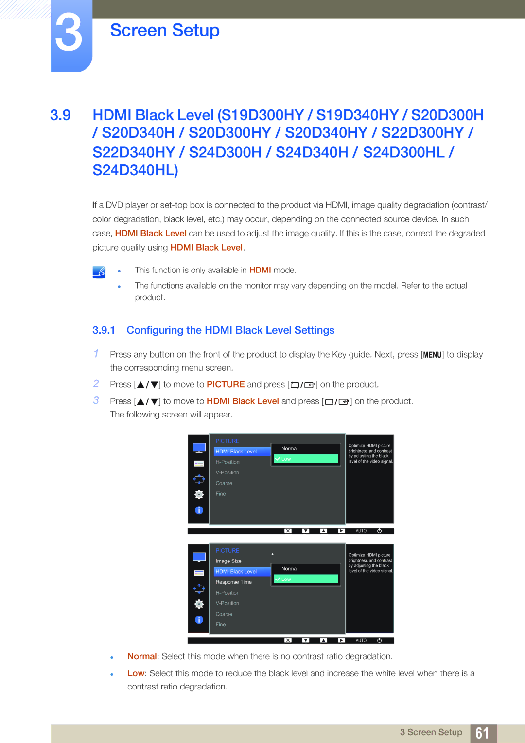 Samsung LS20D300HY/ZN S22D340HY / S24D300H / S24D340H / S24D300HL / S24D340HL, Configuring the Hdmi Black Level Settings 