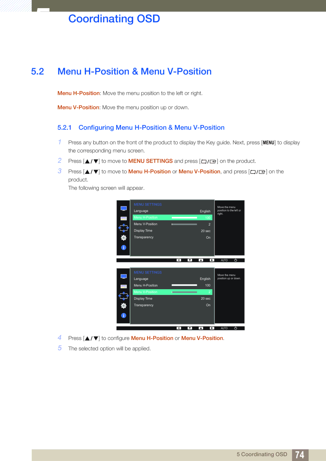 Samsung LS24D300HL/ZN, LS24D340HSX/EN, LS24D300HS/EN, LS24D300HL/EN manual Configuring Menu H-Position & Menu V-Position 