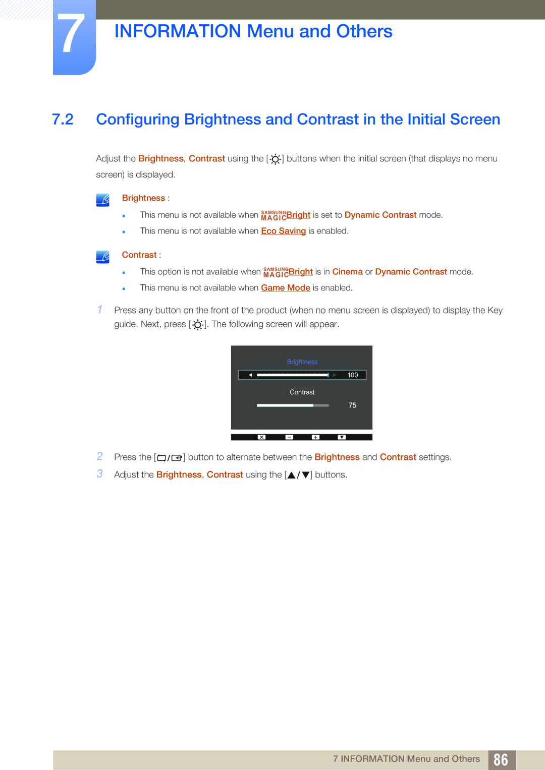 Samsung LS20D300HY/RU, LS24D340HSX/EN, LS24D300HS/EN manual Configuring Brightness and Contrast in the Initial Screen 