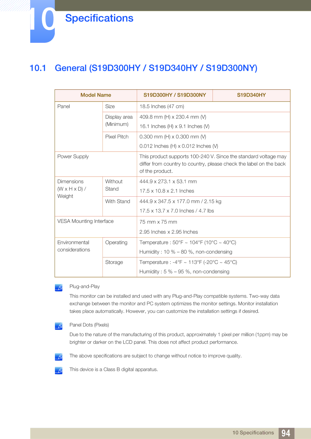 Samsung LS24D300HS/CH, LS24D340HSX/EN, LS24D300HS/EN manual Specifications, General S19D300HY / S19D340HY / S19D300NY 