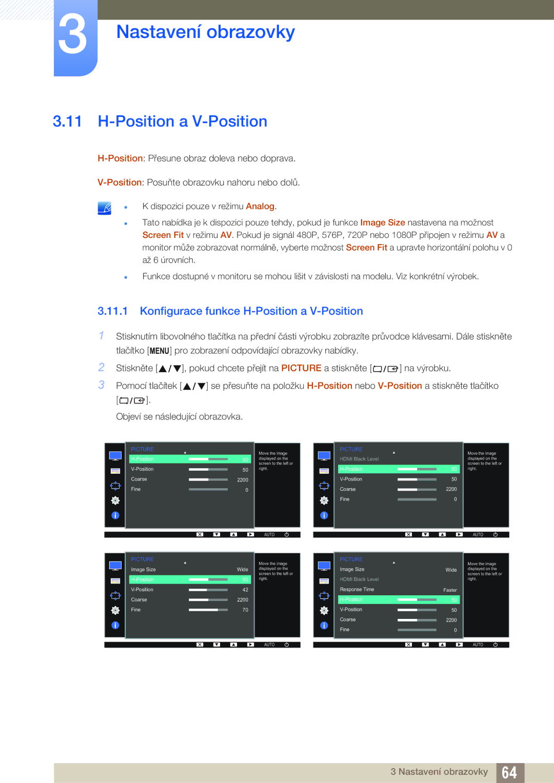 Samsung LS24D300HS/EN, LS24D340HSX/EN, LS24D300HL/EN, LS22D300HY/EN manual Konfigurace funkce H-Position a V-Position 