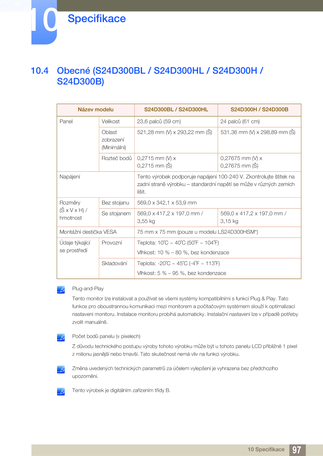 Samsung LS24D300HLR/EN, LS24D340HSX/EN, LS24D300HS/EN, LS24D300HL/EN manual Obecné S24D300BL / S24D300HL / S24D300H / S24D300B 