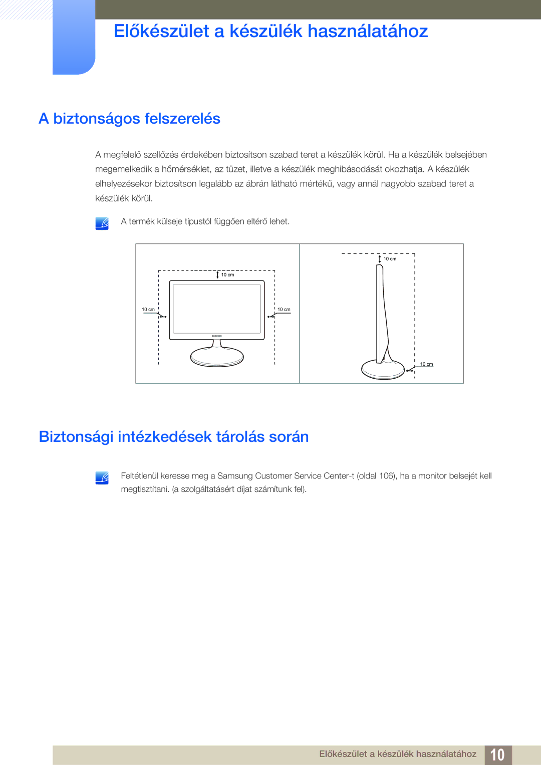 Samsung LS22D300HY/EN, LS24D340HSX/EN, LS24D300HS/EN manual Biztonságos felszerelés, Biztonsági intézkedések tárolás során 