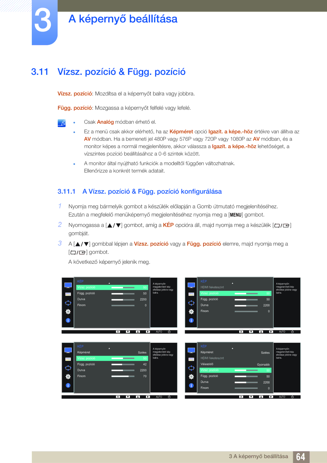 Samsung LS24D300HS/EN manual 11 Vízsz. pozíció & Függ. pozíció, 11.1 a Vízsz. pozíció & Függ. pozíció konfigurálása 