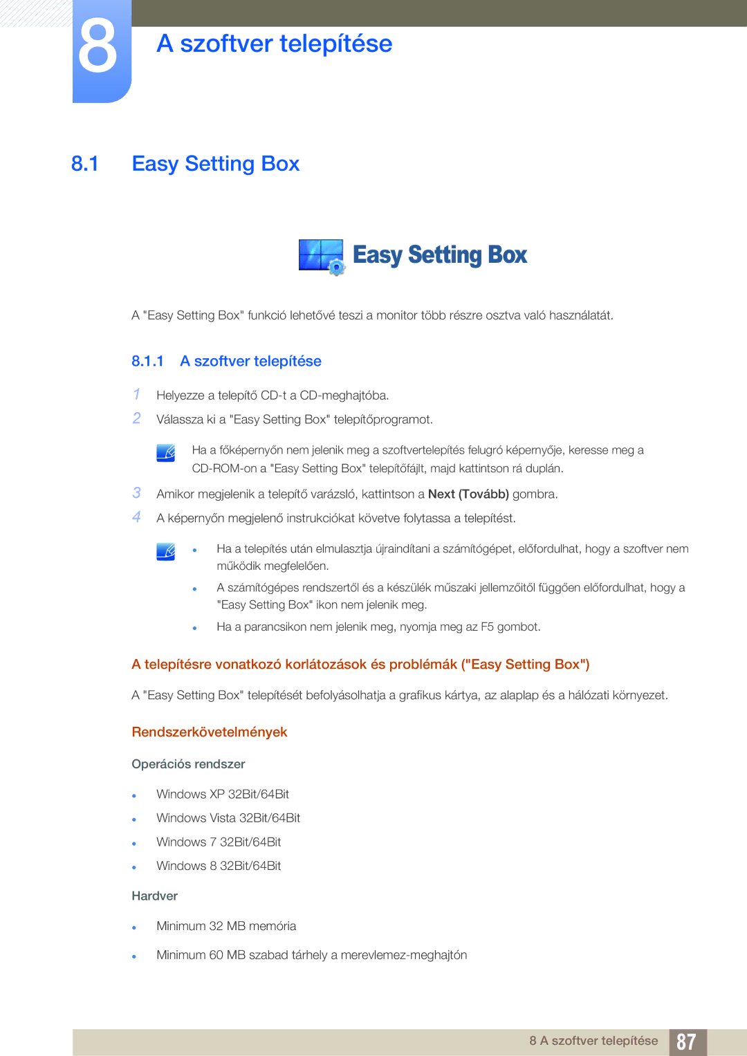 Samsung LS22D300HY/EN, LS24D340HSX/EN, LS24D300HS/EN manual Szoftver telepítése, Easy Setting Box, Rendszerkövetelmények 