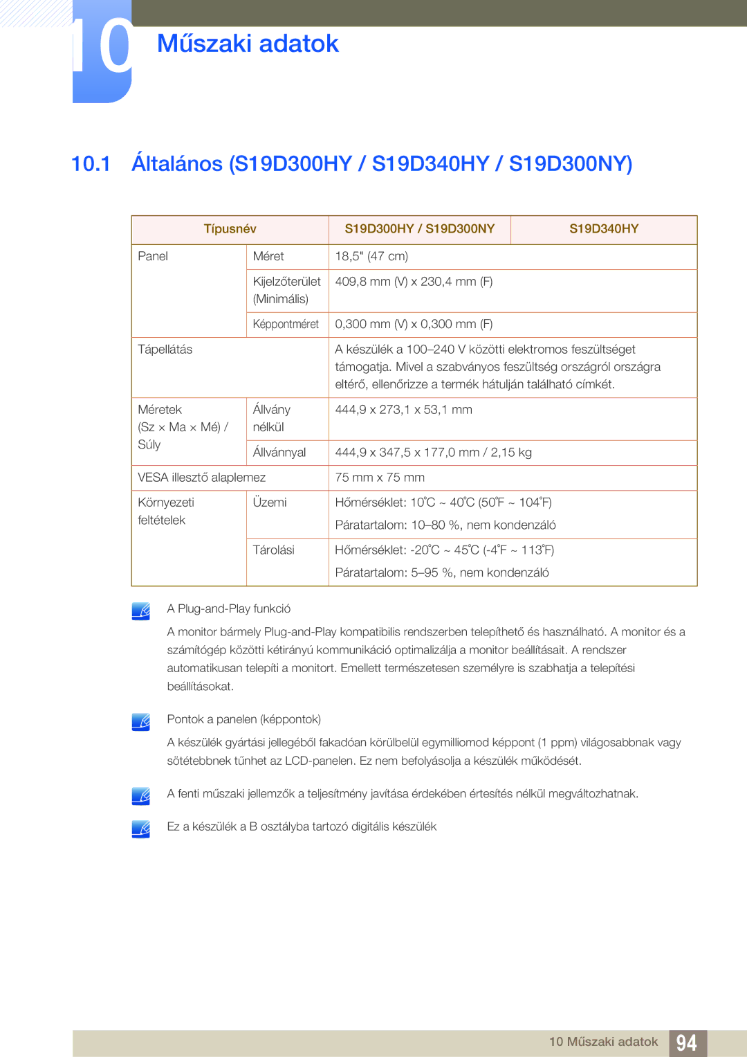 Samsung LS22D300HY/EN, LS24D340HSX/EN, LS24D300HS/EN 10 Műszaki adatok, 10.1 Általános S19D300HY / S19D340HY / S19D300NY 